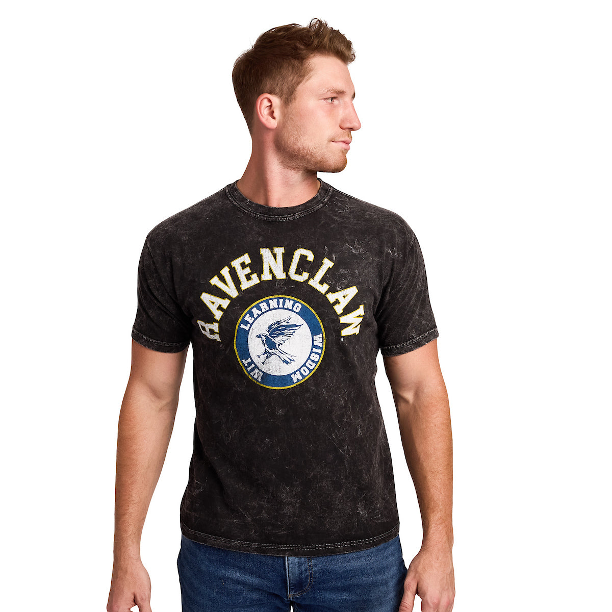 Harry Potter Ravenclaw Varsity Men's Blue Vintage Mineral Wash Crew Neck Short Sleeve T-shirt