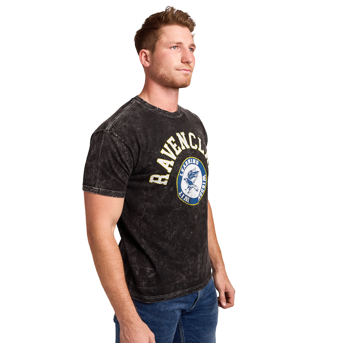 Harry Potter Ravenclaw Varsity Men's Blue Vintage Mineral Wash Crew Neck Short Sleeve T-shirt