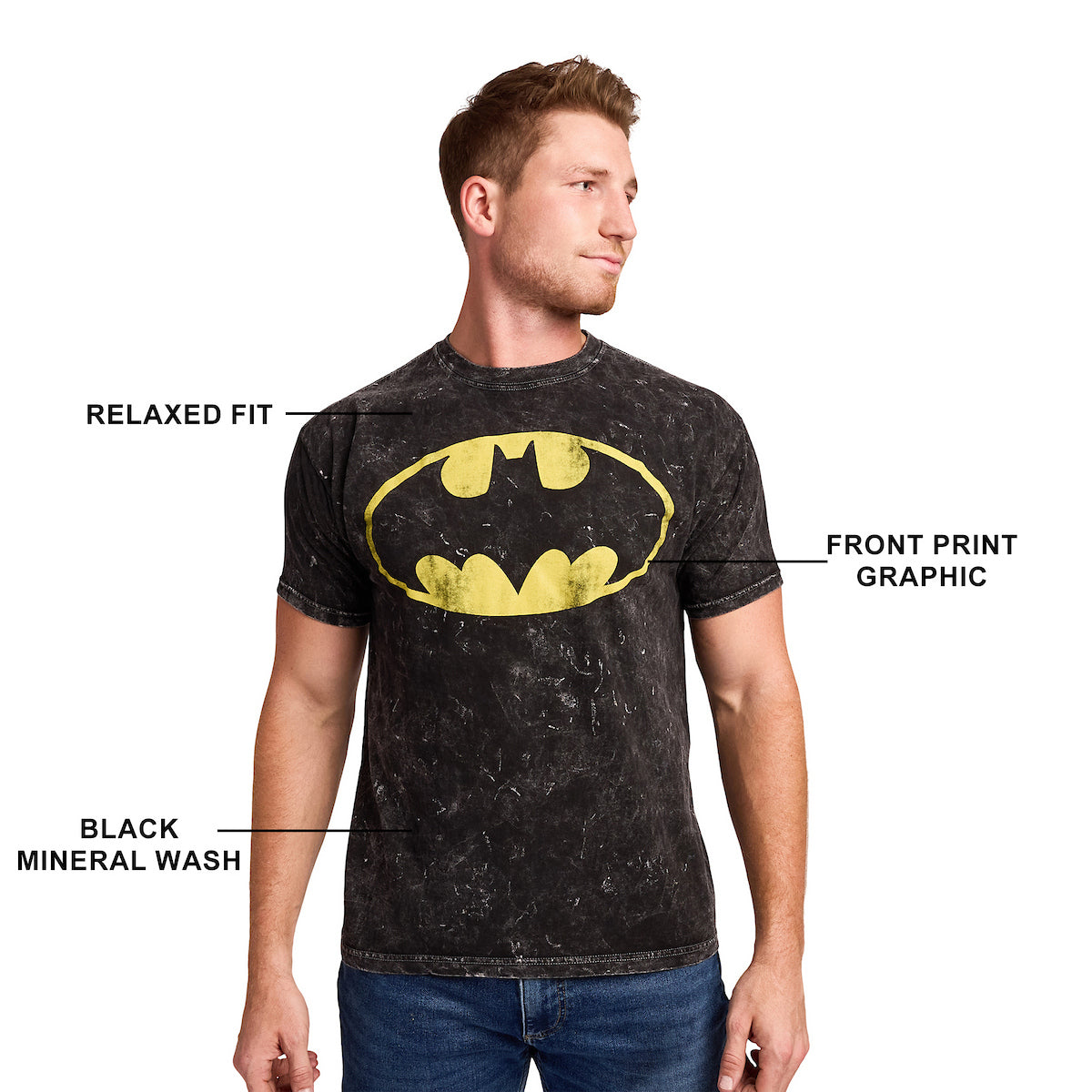 Batman Logo Men's Black Mineral Wash Crew Neck Short Sleeve T-shirt