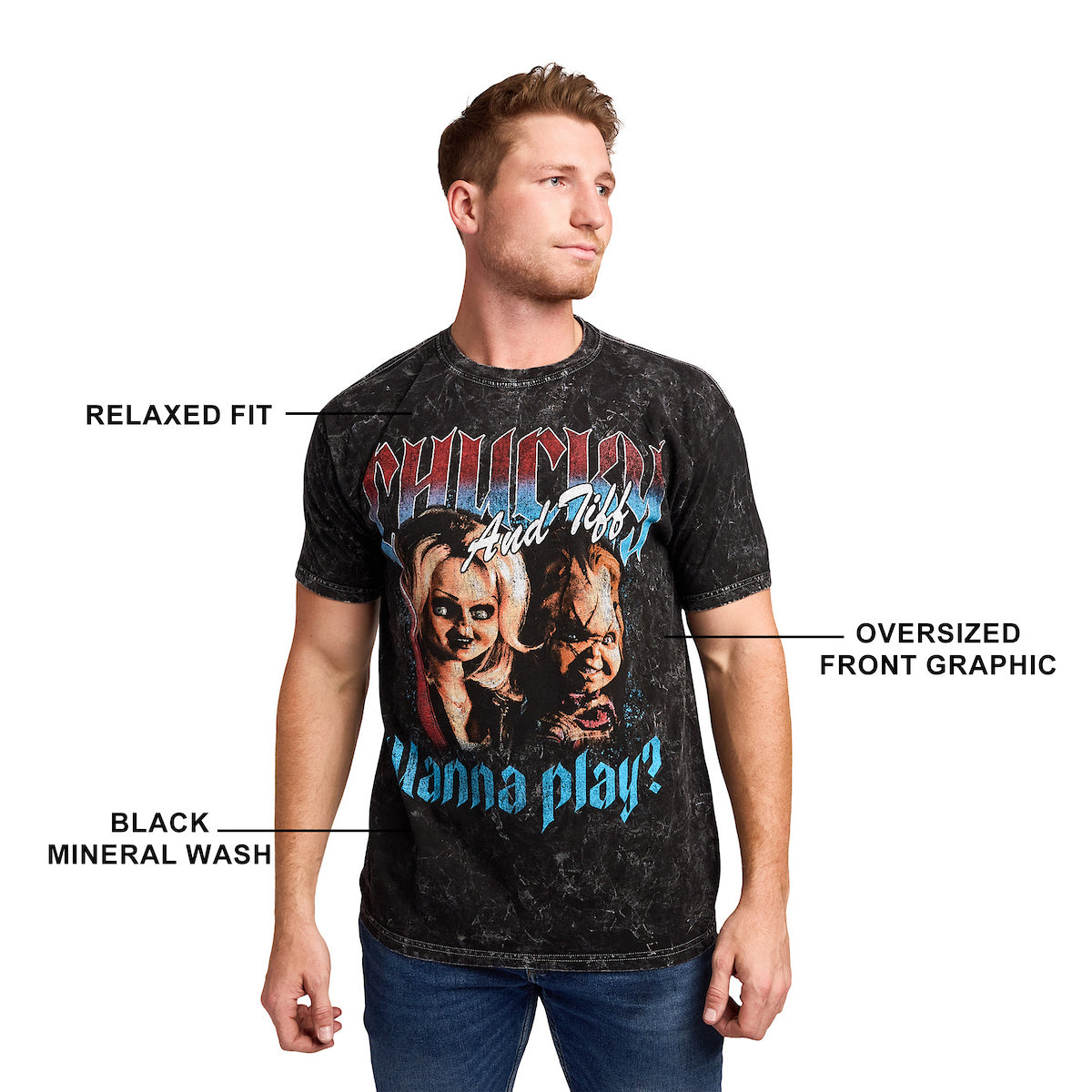 Chucky Tiffany & Chucky Wanna Play Men's Black Mineral Wash Crew Neck Short Sleeve T-shirt