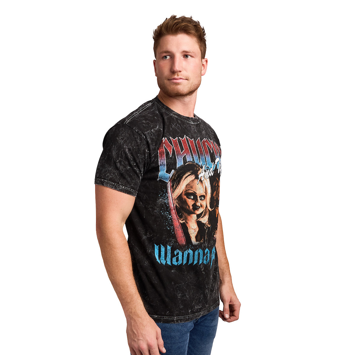 Chucky Tiffany & Chucky Wanna Play Men's Black Mineral Wash Crew Neck Short Sleeve T-shirt