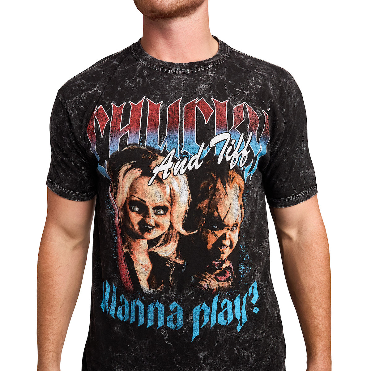 Chucky Tiffany & Chucky Wanna Play Men's Black Mineral Wash Crew Neck Short Sleeve T-shirt
