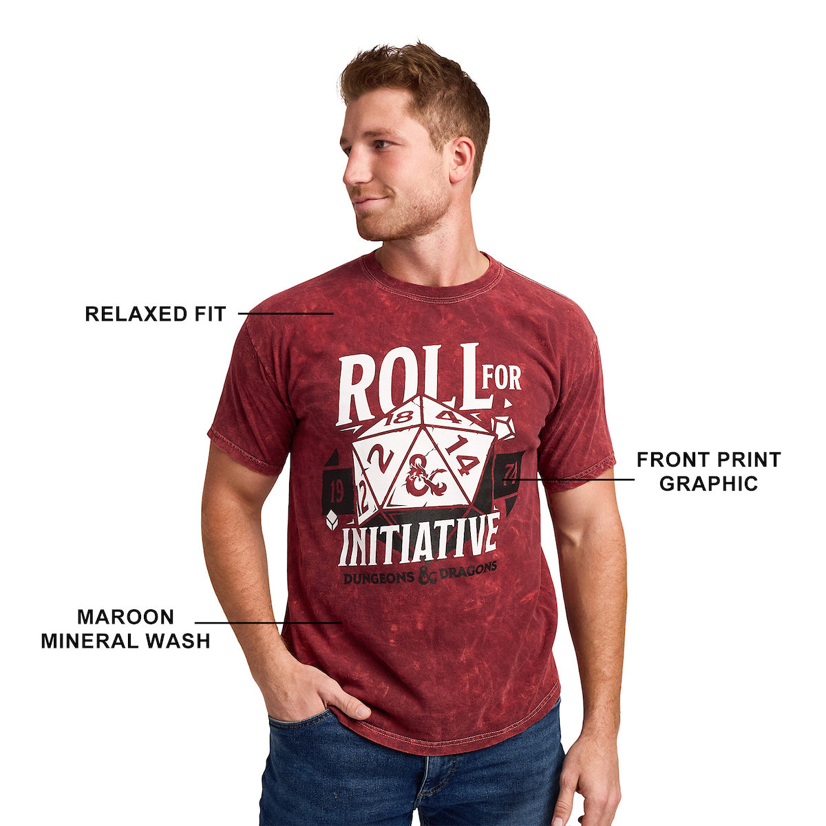 Dungeons & Dragons Roll For Initiative Men's Maroon Mineral Wash Crew Neck Short Sleeve T-shirt