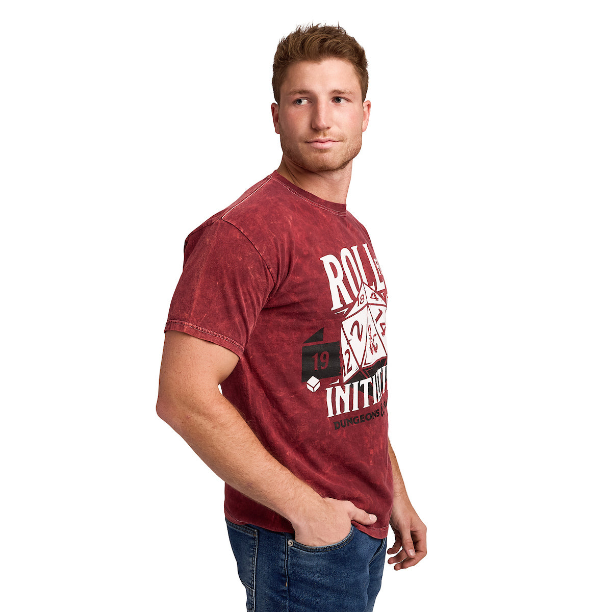 Dungeons & Dragons Roll For Initiative Men's Maroon Mineral Wash Crew Neck Short Sleeve T-shirt