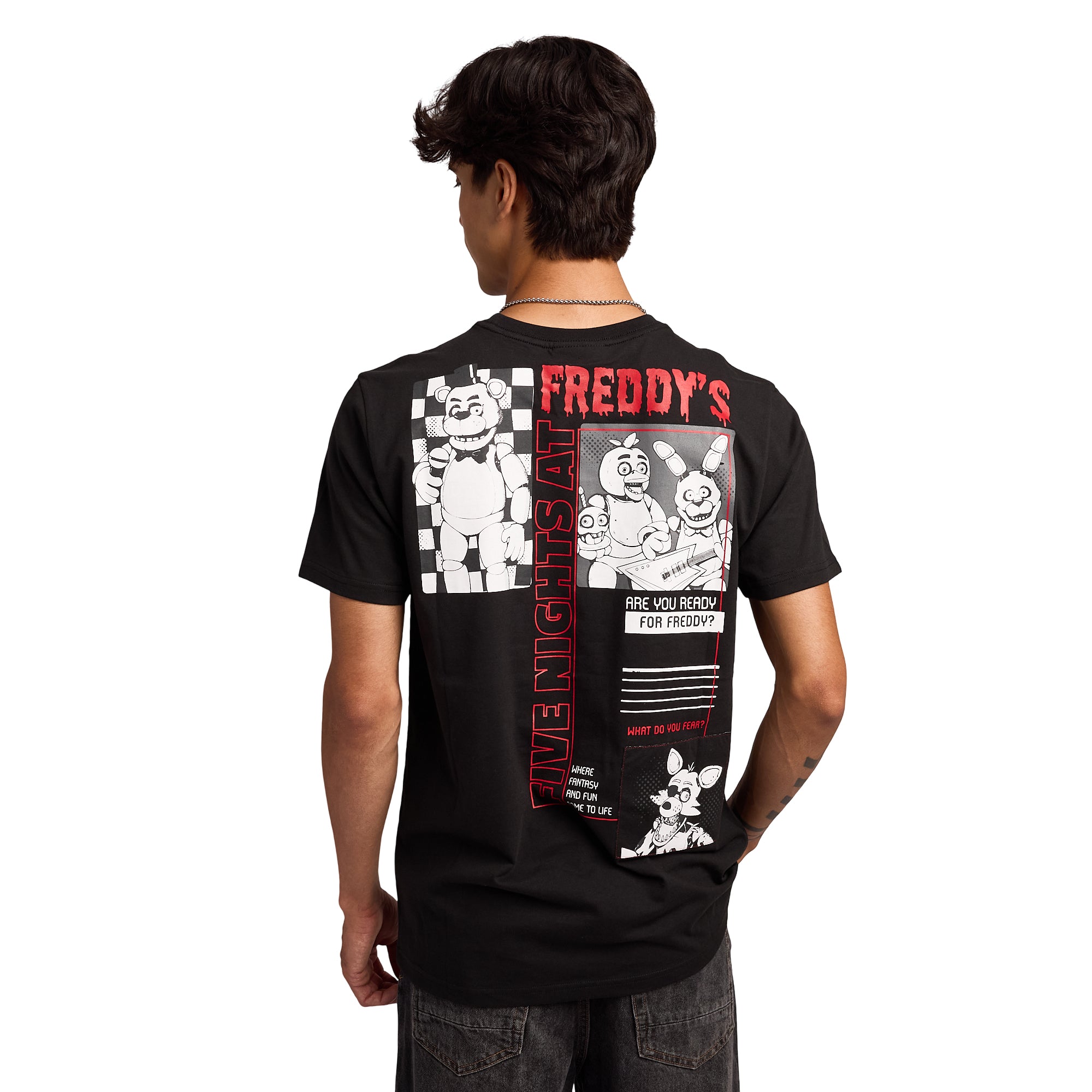 Five Nights At Freddy's Black & White Character Art Men's Black Crew Neck Short Sleeve T-shirt
