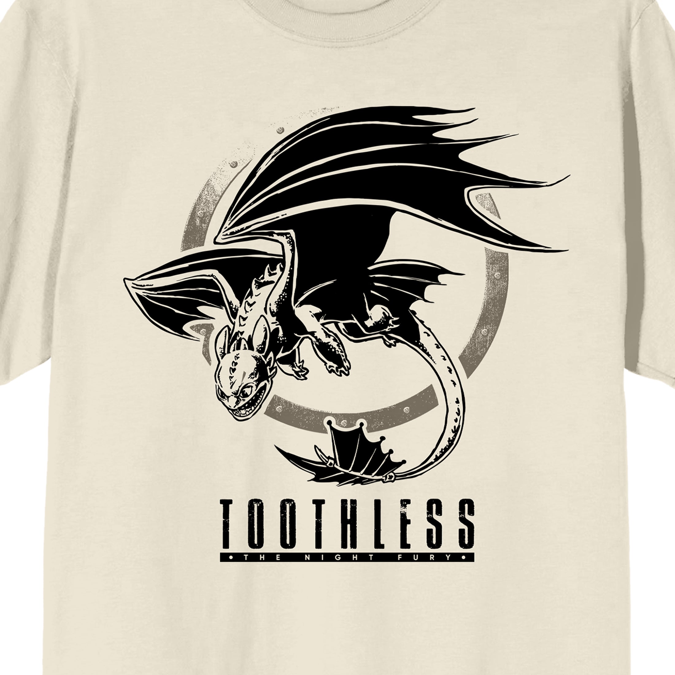 How to Train Your Dragon Franchise Black Vector Graphic of Toothless Shield Rim Toothless Text on Natural Ground Adult White Crew Neck Short Sleeve T-shirt