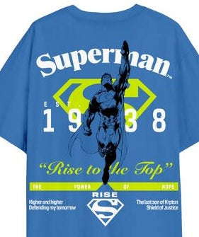Superman Defender of Justin with Neon Color Highlights on Men's Blue Short Sleeve Tee