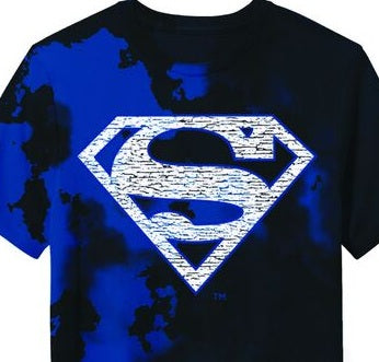 Superman Shield Logo on Men's Blue and Black Cloud Wash Short Sleeve Tee