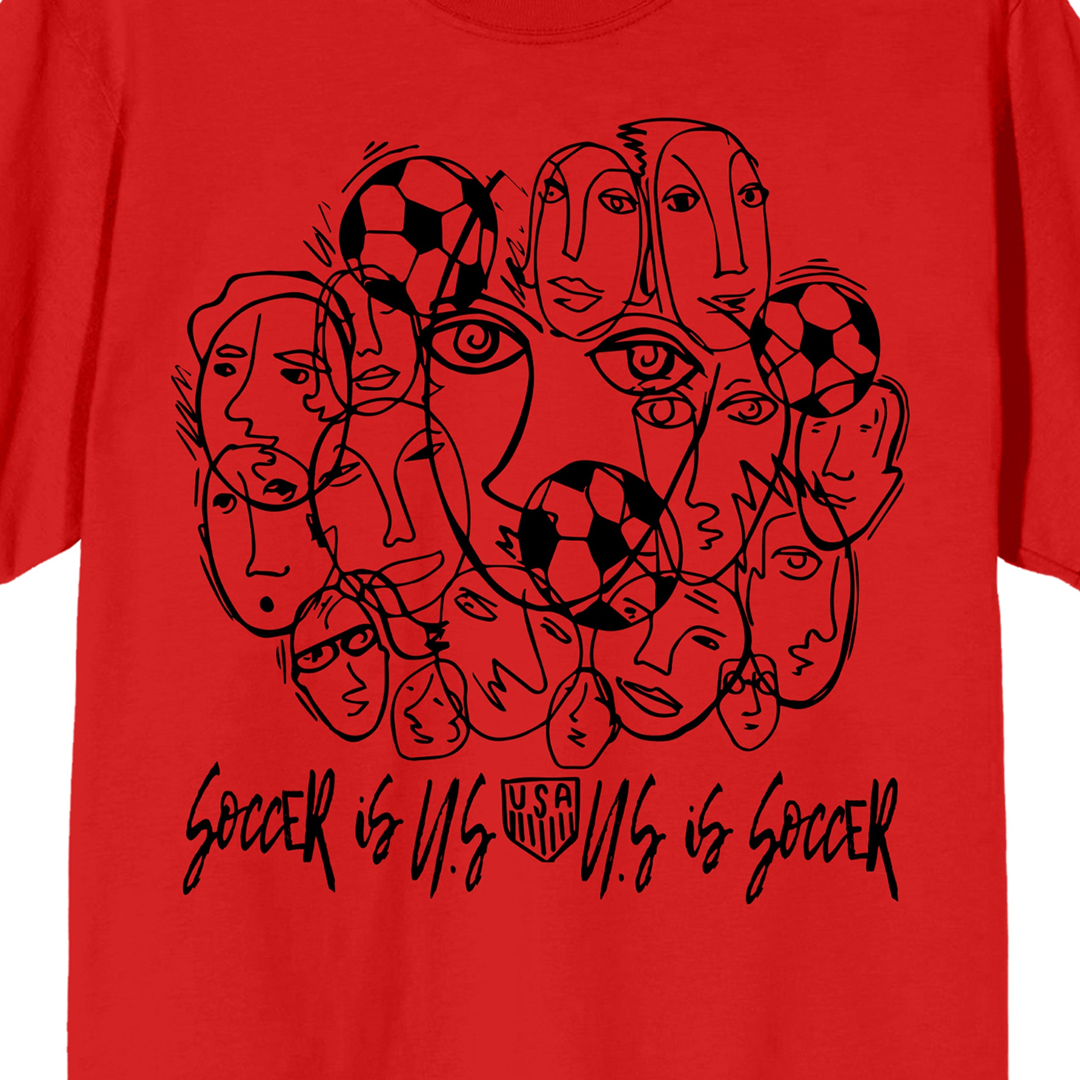USSF USA Logo Line Art of Faces & Soccer Balls Adult Red Short Sleeve T-Shirt