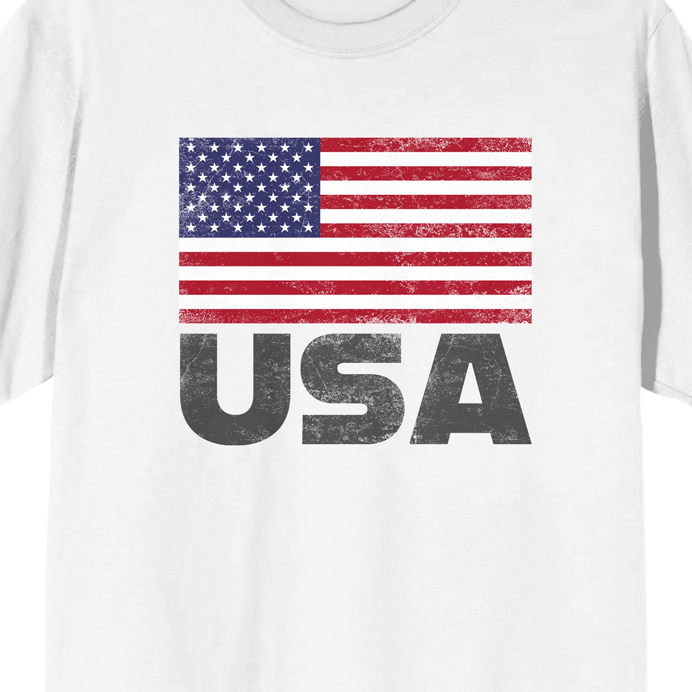 Distressed American Flag and USA Text on White Ground Adult Crew Neck Short Sleeve T-shirt