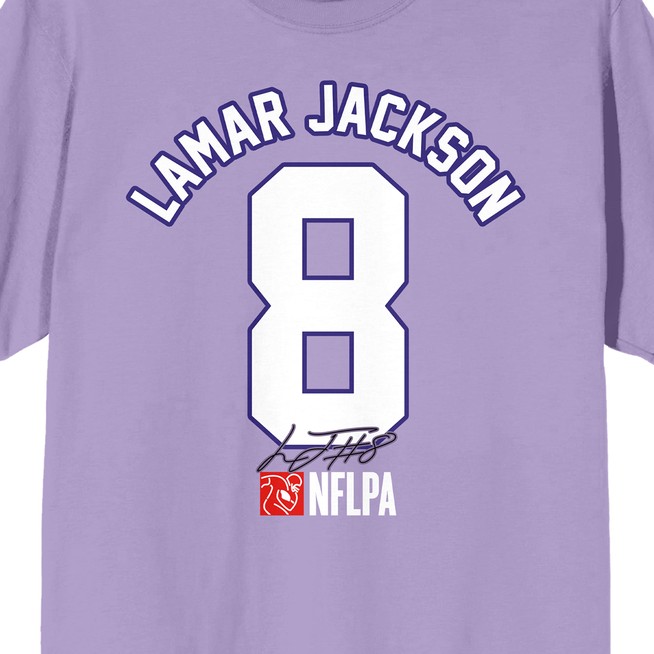 NFLPA Lamar Jackson 8 Signature Adult Orchid Crew Neck Short Sleeve T-shirt
