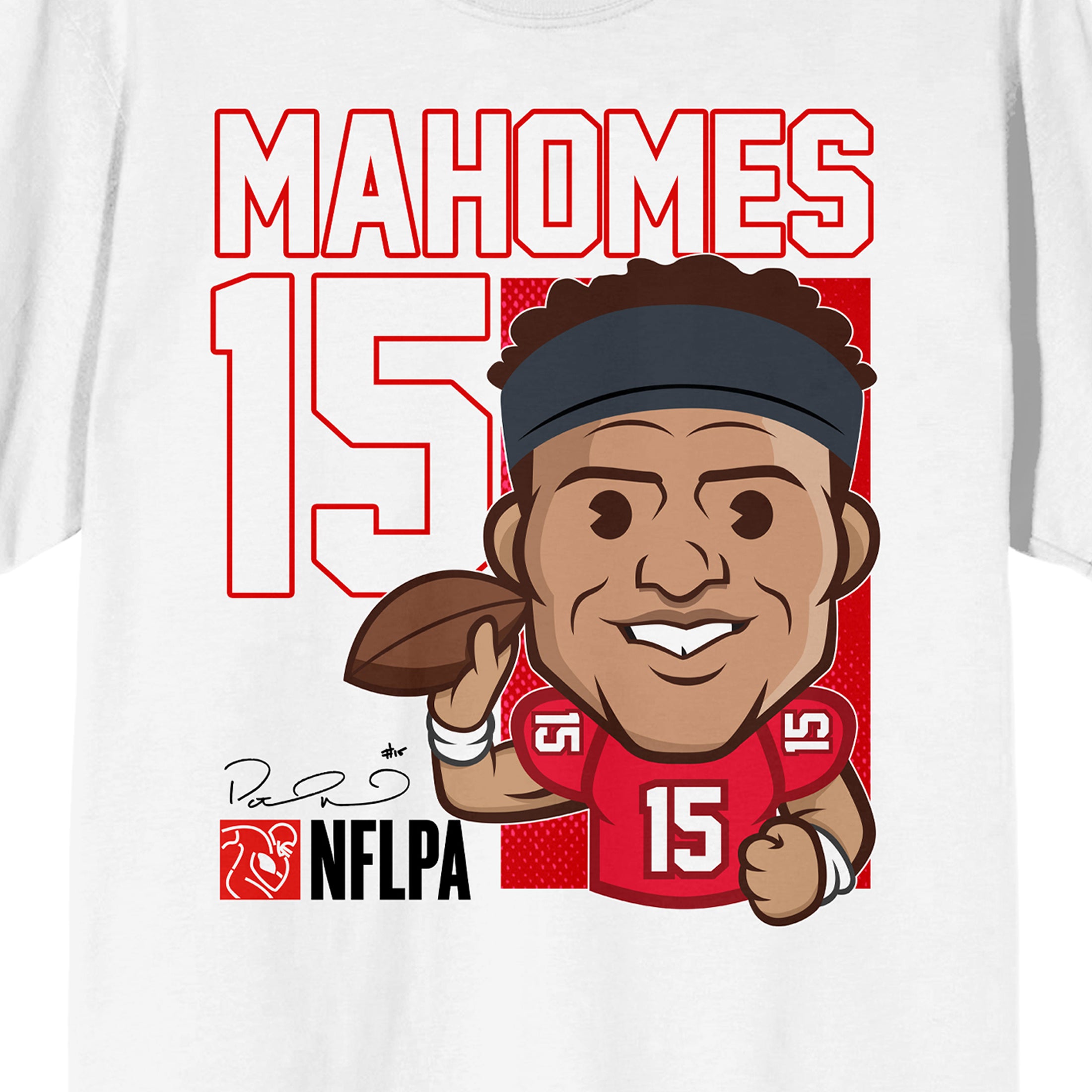 NFLPA Patrick Mahomes 15 Caricature Adult White Crew Neck Short Sleeve T-shirt