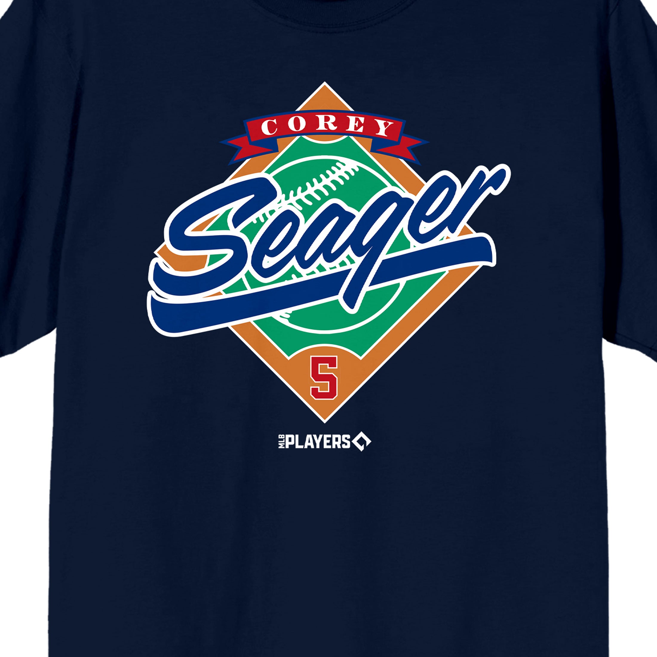 Corey Seager Baseball, Sports, Game, Ball and Base, American Professional Baseball Shortstop for the Texas Rangers, number 5 on Navy Adult T-Shirt