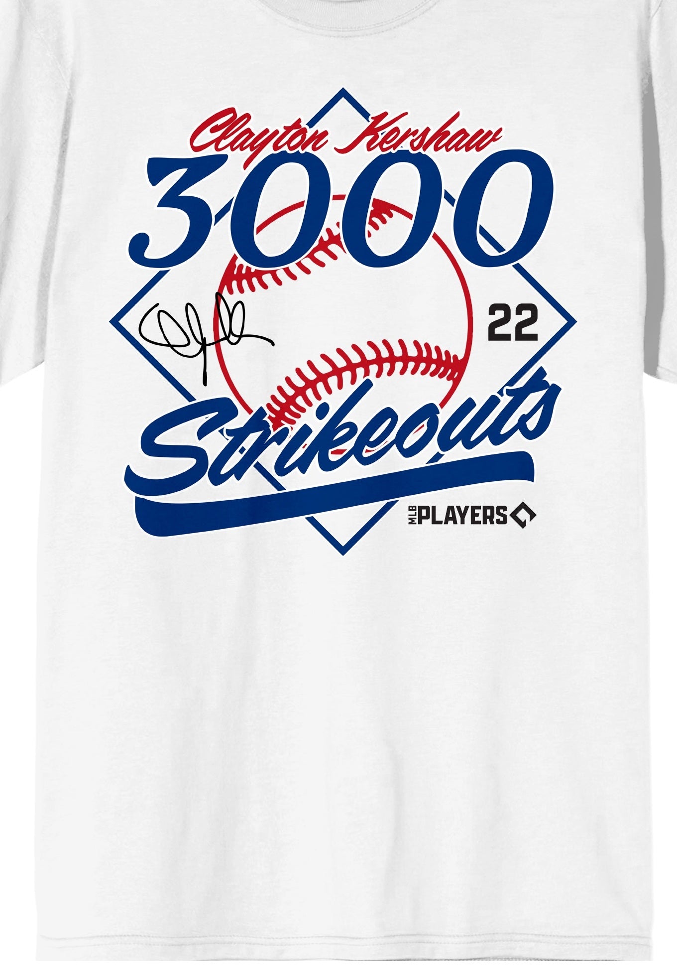 Clayton Kershaw, 3000 Strike outs, 22 on White Short Sleeve Adult T-Shirt
