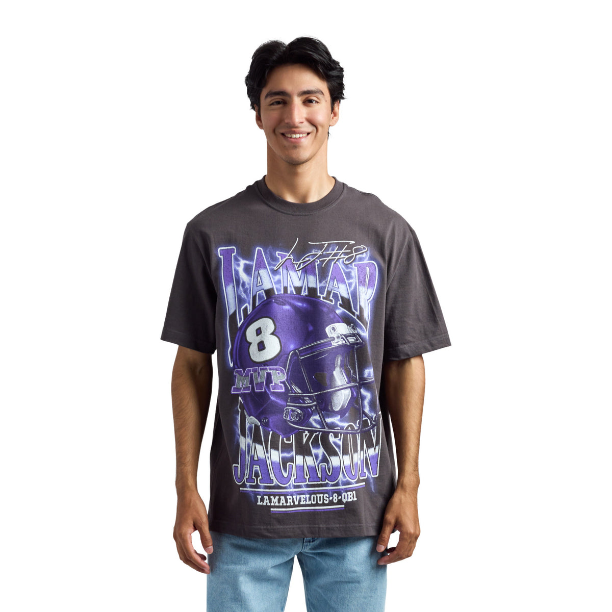 NFLPA Lamar Jackson Lamarvelous QB1 Charcoal Tee for Men