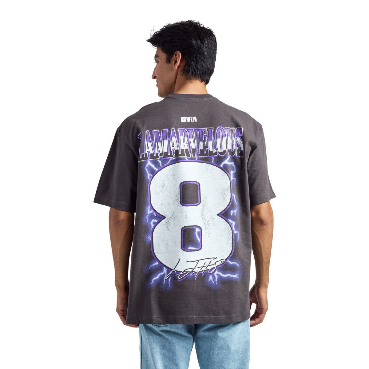 NFLPA Lamar Jackson Lamarvelous QB1 Charcoal Tee for Men