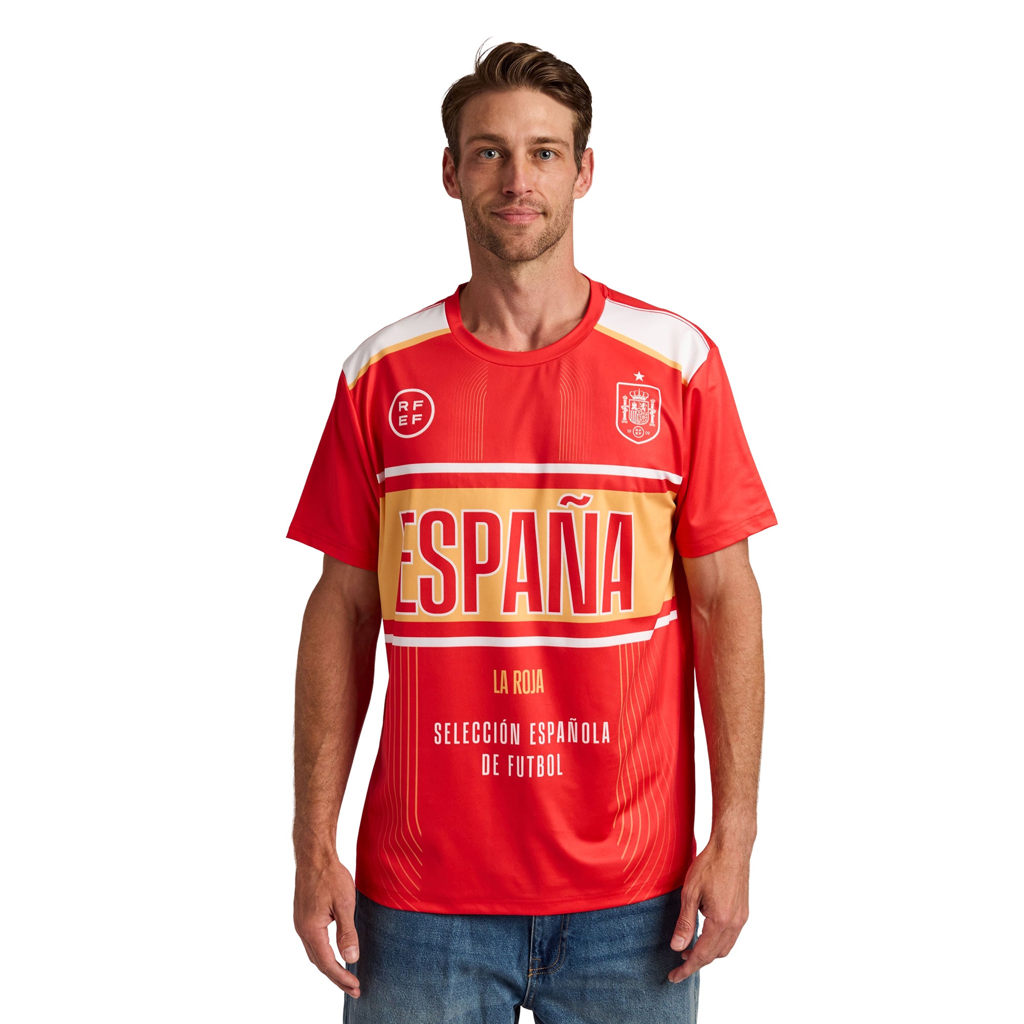 Spain Soccer Federation Espana Jersey Men’s Red & Blue Crew Neck Short Sleeve T-shirt