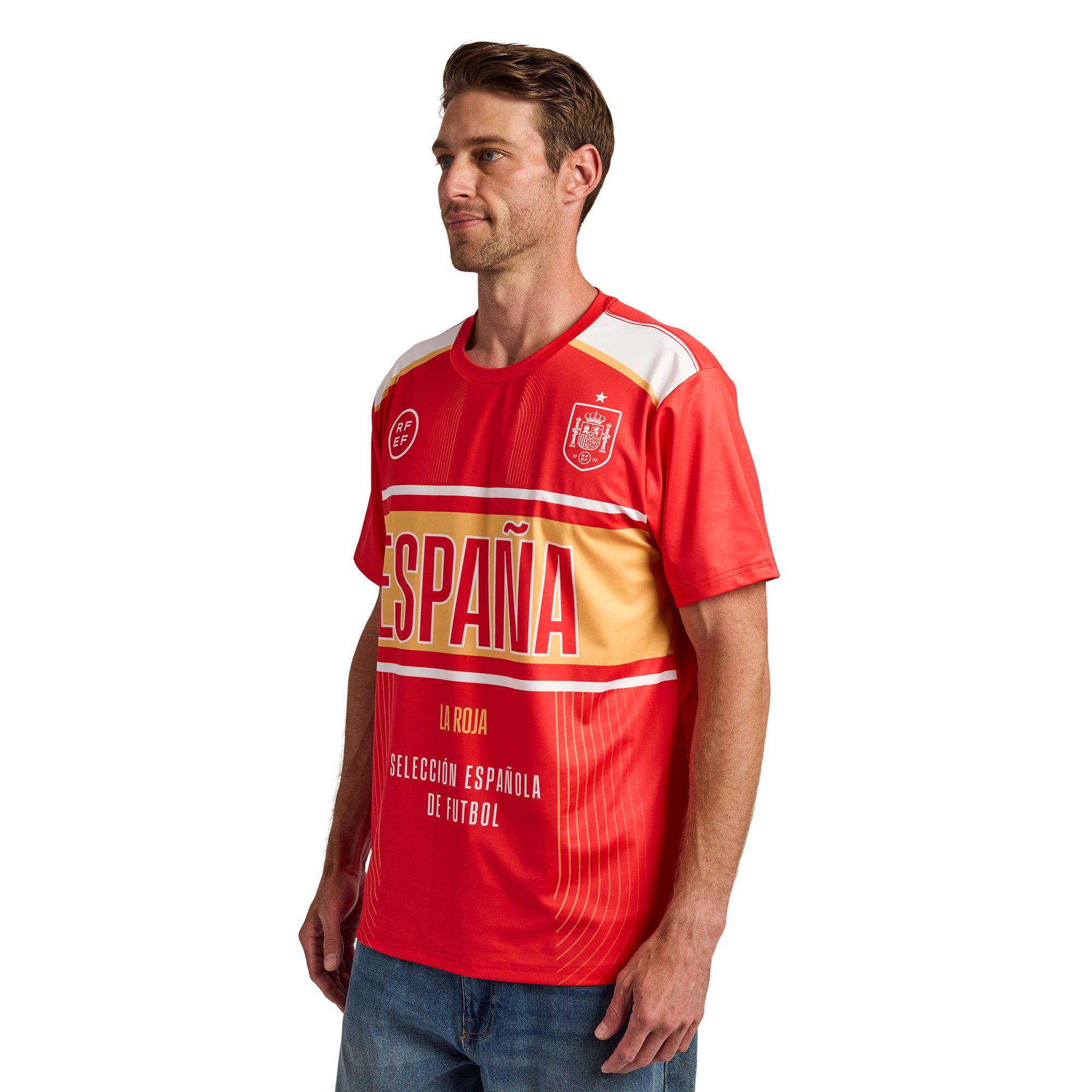 Spain Soccer Federation Espana Jersey Men’s Red & Blue Crew Neck Short Sleeve T-shirt