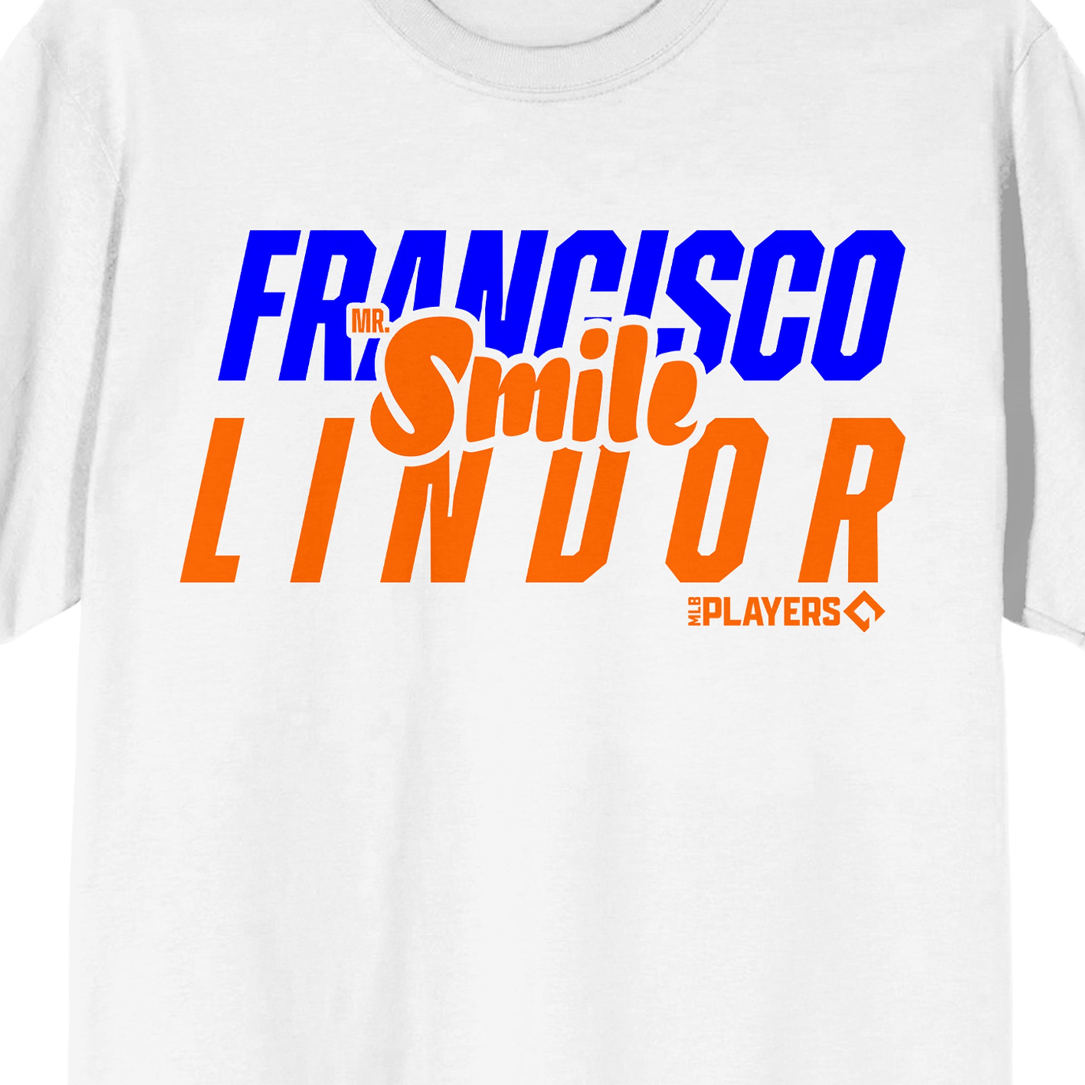 MLBPA Francisco Smile Lindor Adult White Crew Neck Short Sleeve T-shirt
