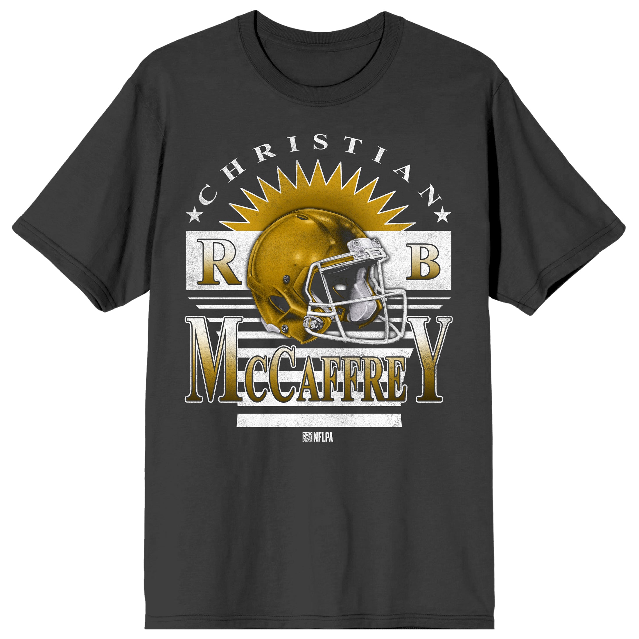 Bioworld NFLPA Christian McCaffrey Men's Retro Varsity Helmet Graphic Tee | Short Sleeve Crew Neck | Officially Licensed Football T-Shirt