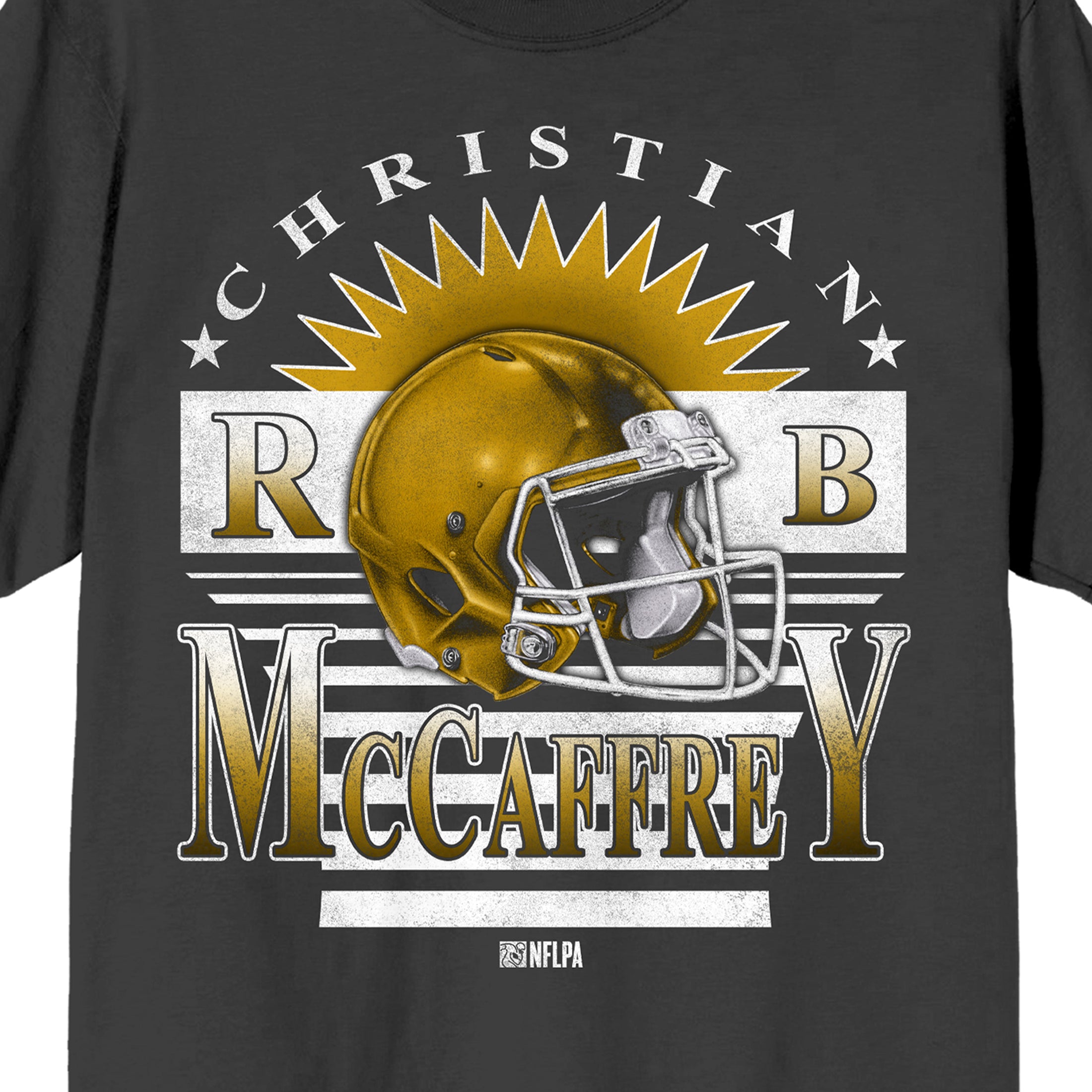 Bioworld NFLPA Christian McCaffrey Men's Retro Varsity Helmet Graphic Tee | Short Sleeve Crew Neck | Officially Licensed Football T-Shirt