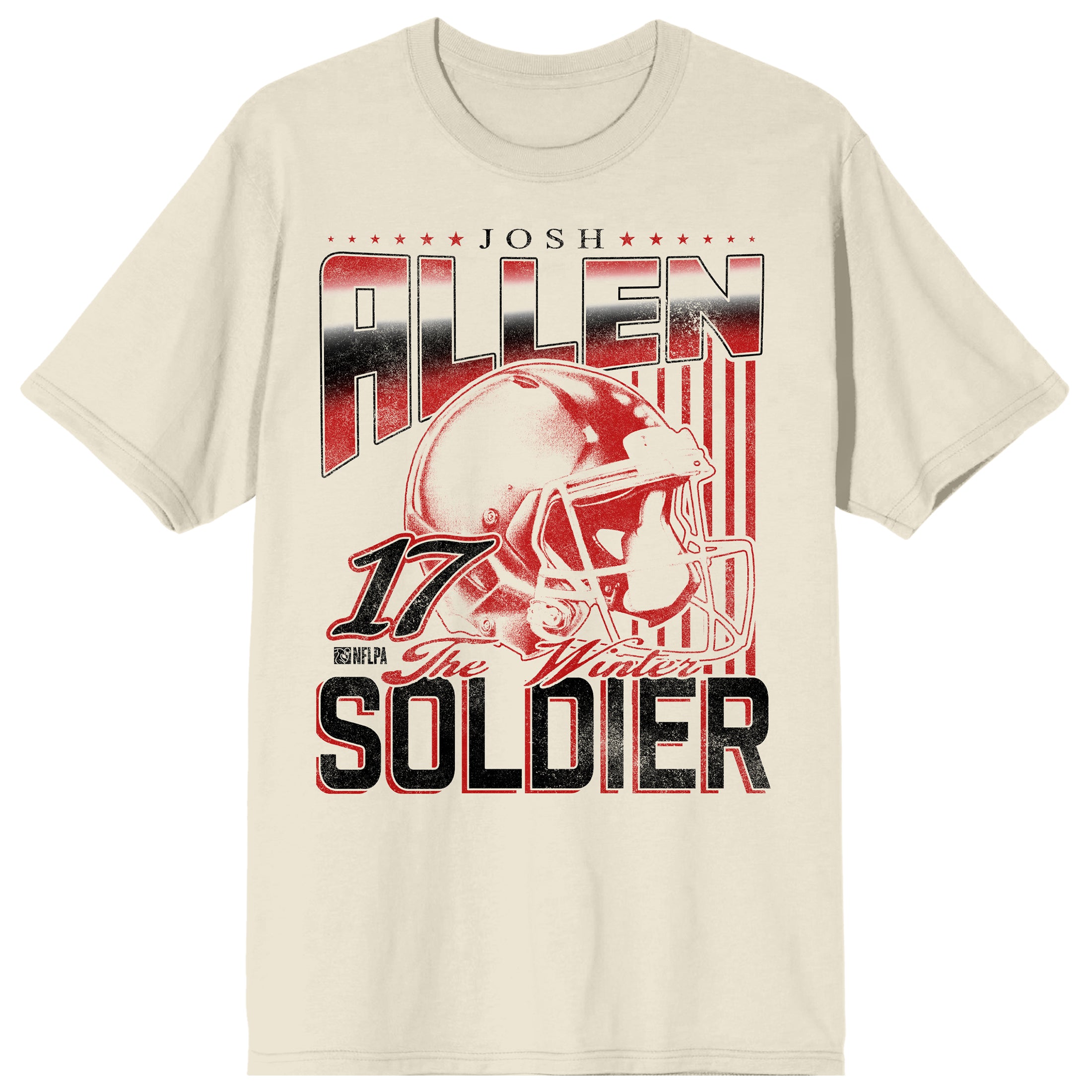 Bioworld NFLPA Josh Allen Men's Graphic Tee | Vintage Distressed Soldier Design | Number 17 | Officially Licensed Short Sleeve Crew Neck T-Shirt