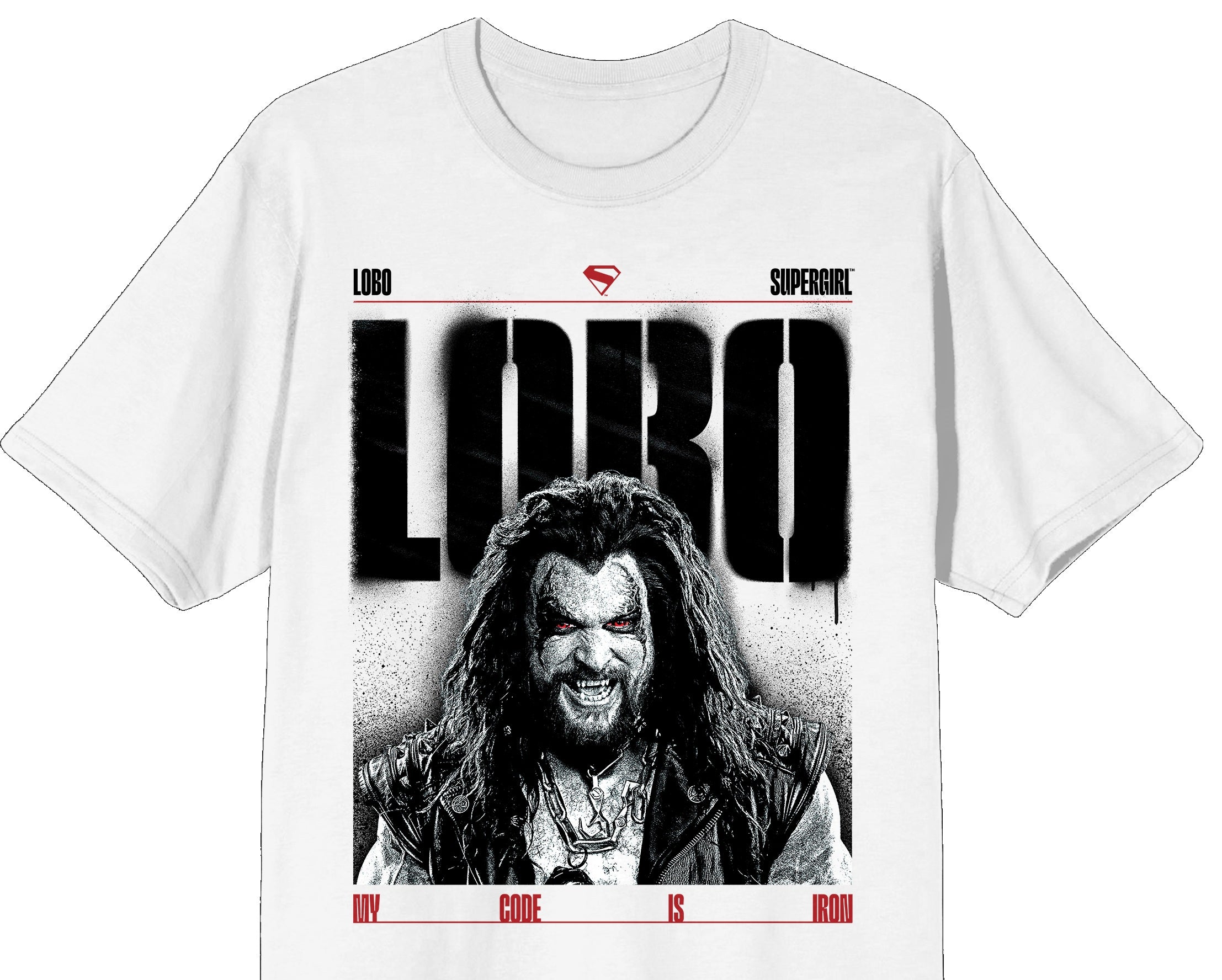 Supergirl Movie (2026) Lobo My Code Is Iron B&W Poster Art Men’s White Crew Neck Short Sleeve T-shirt