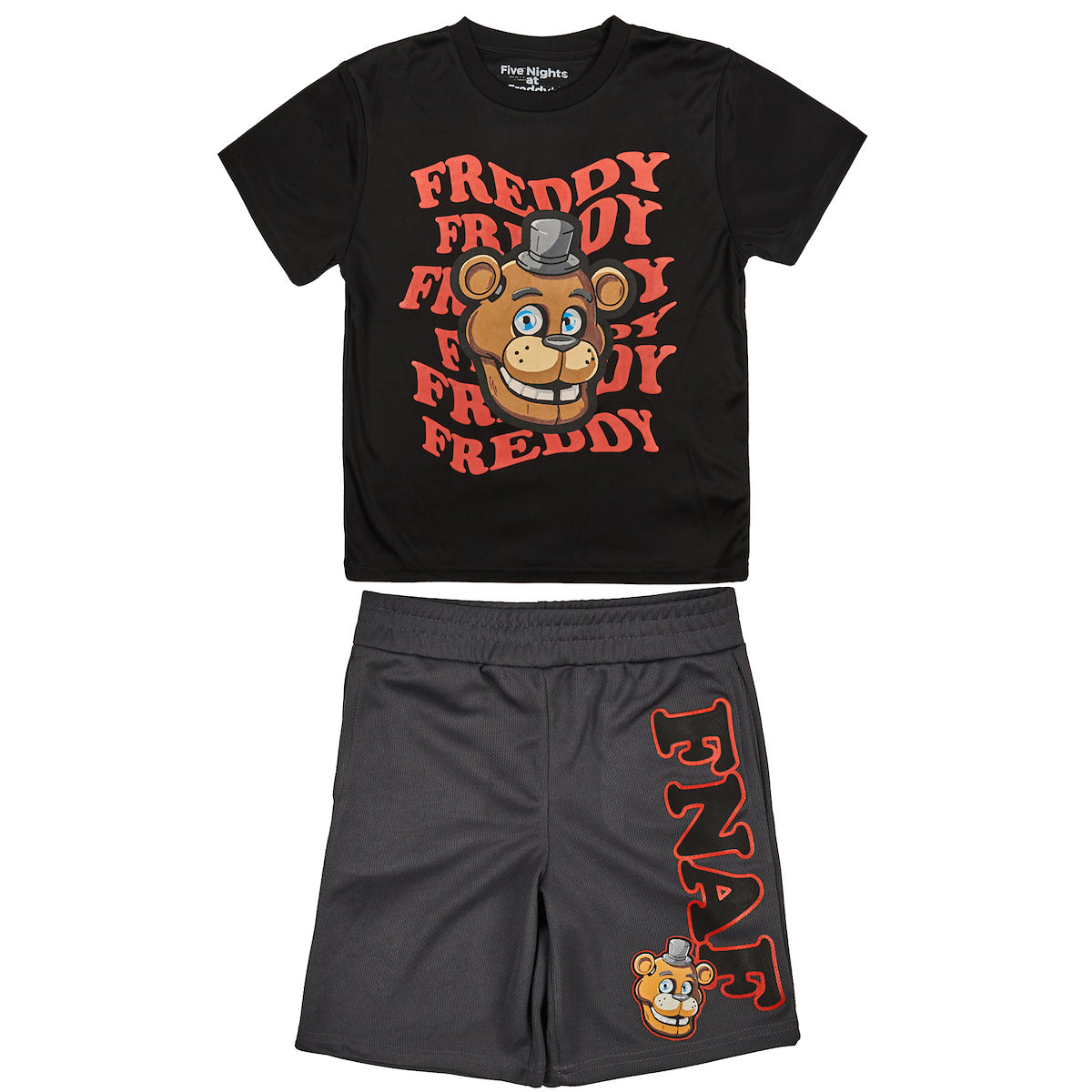 Five Nights At Freddy's 3-Pack Boy's Black Short Sleeve Tee, Red Muscle Tank, Gray Athletic Shorts Set