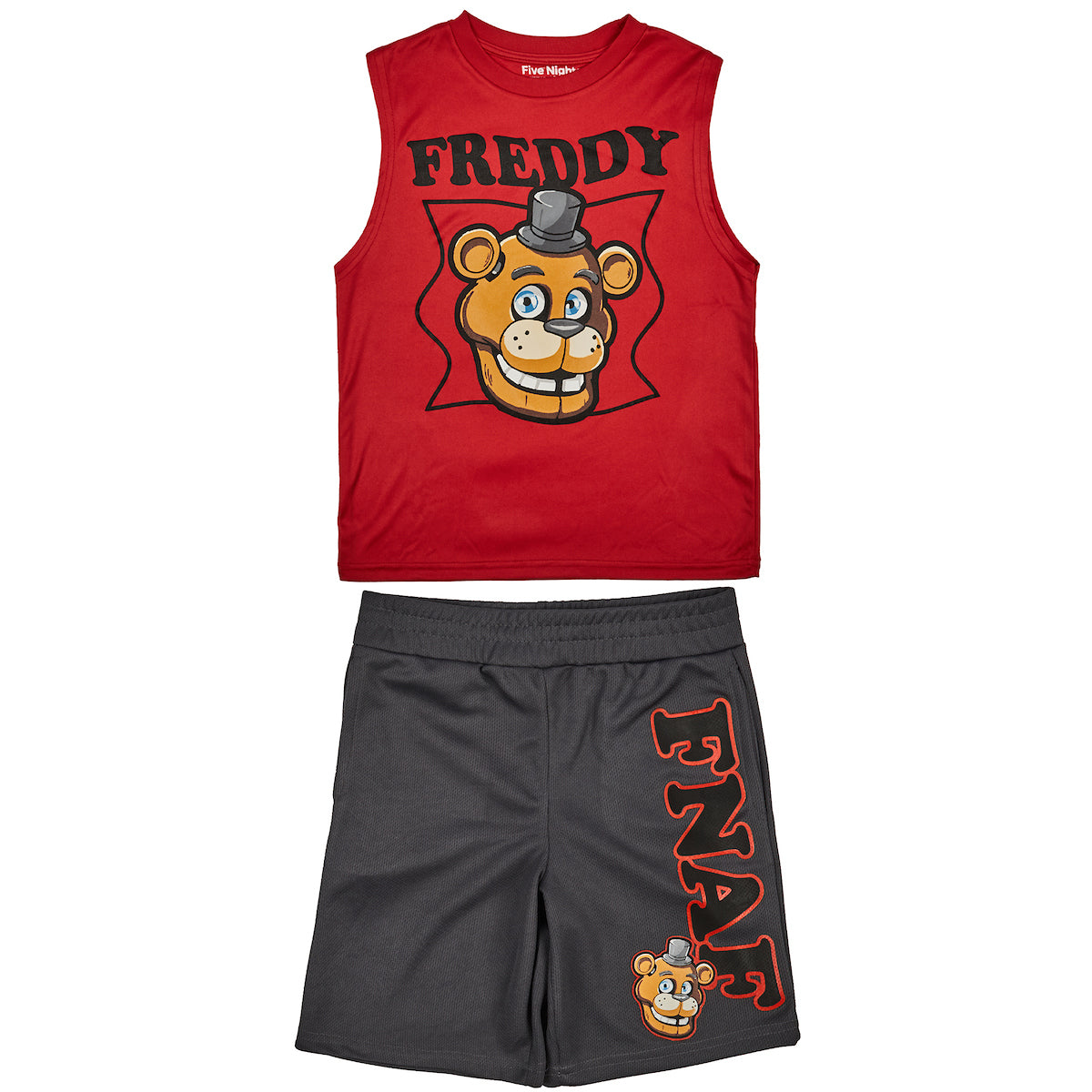 Five Nights At Freddy's 3-Pack Boy's Black Short Sleeve Tee, Red Muscle Tank, Gray Athletic Shorts Set