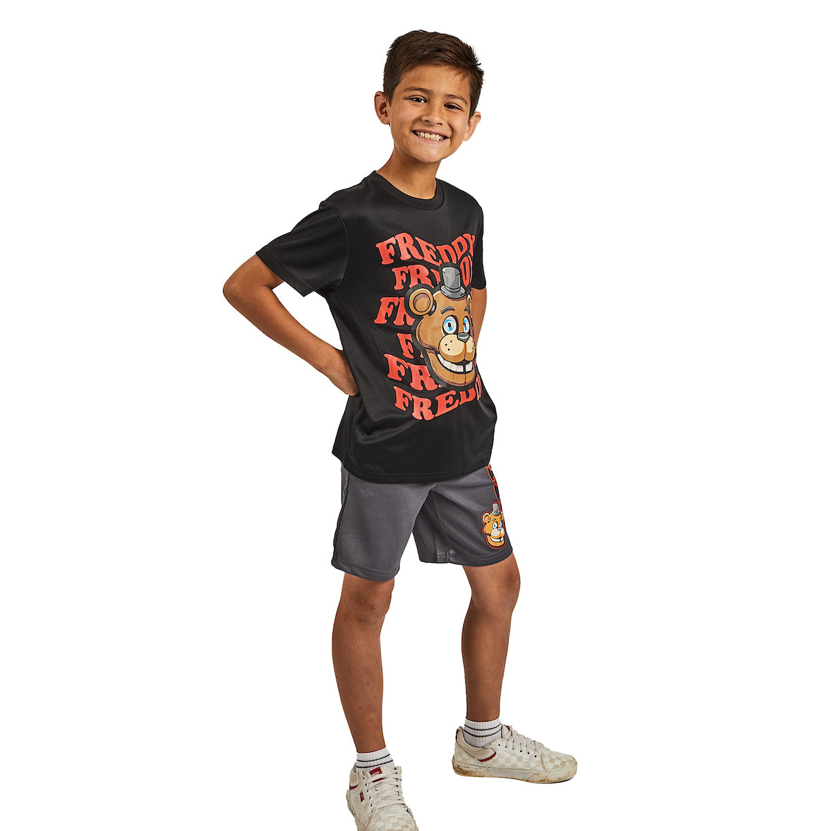 Five Nights At Freddy's 3-Pack Boy's Black Short Sleeve Tee, Red Muscle Tank, Gray Athletic Shorts Set
