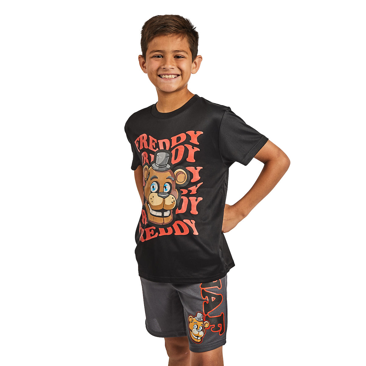 Five Nights At Freddy's 3-Pack Boy's Black Short Sleeve Tee, Red Muscle Tank, Gray Athletic Shorts Set