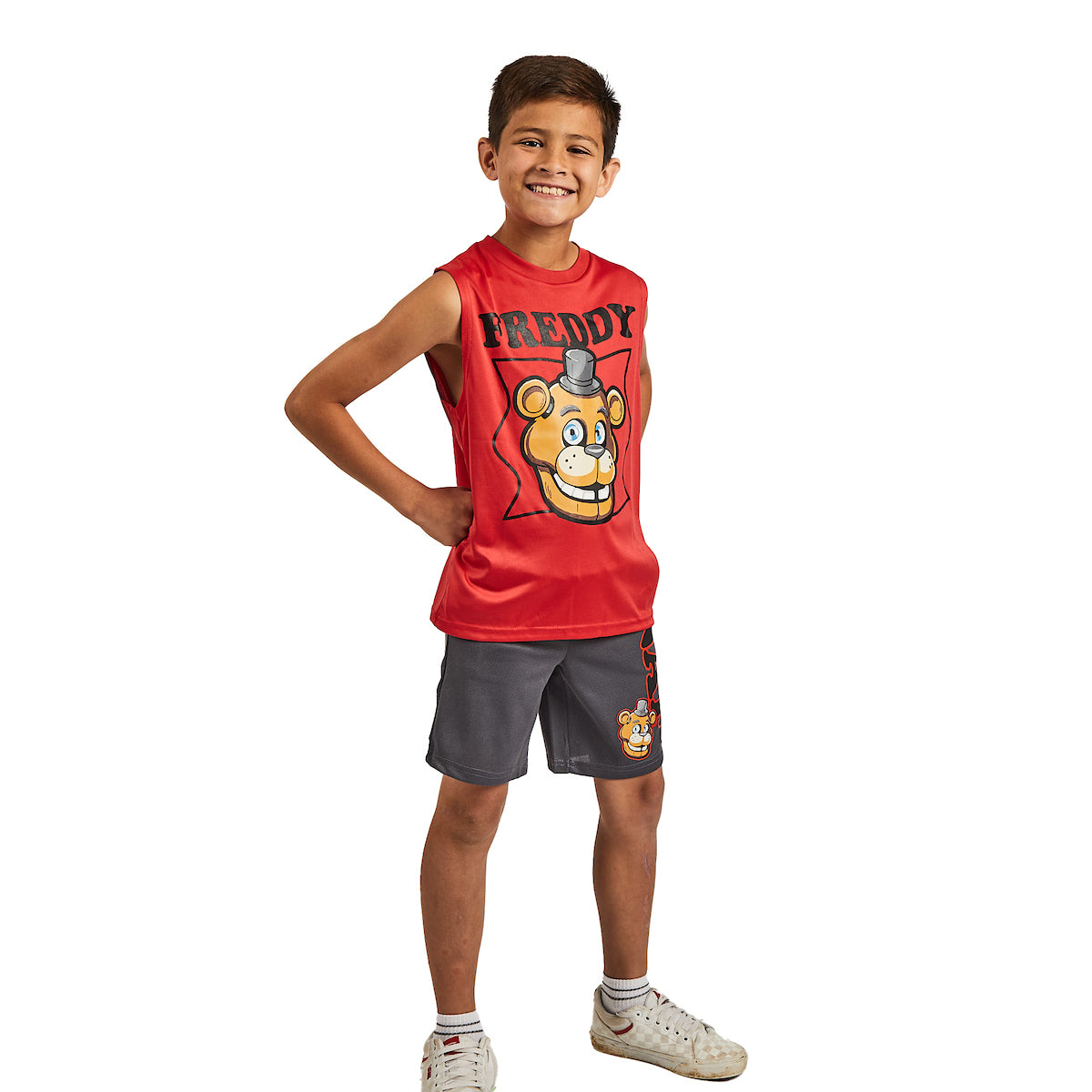 Five Nights At Freddy's 3-Pack Boy's Black Short Sleeve Tee, Red Muscle Tank, Gray Athletic Shorts Set
