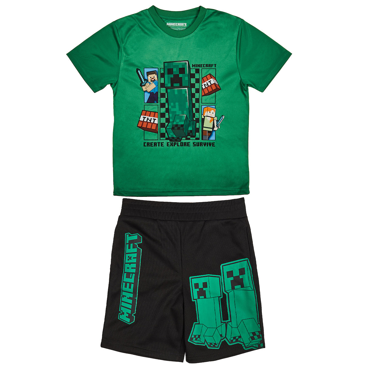 Minecraft 3-Pack Boy's Green Short Sleeve Tee, Gray Muscle Tank, Black Athletic Shorts Set
