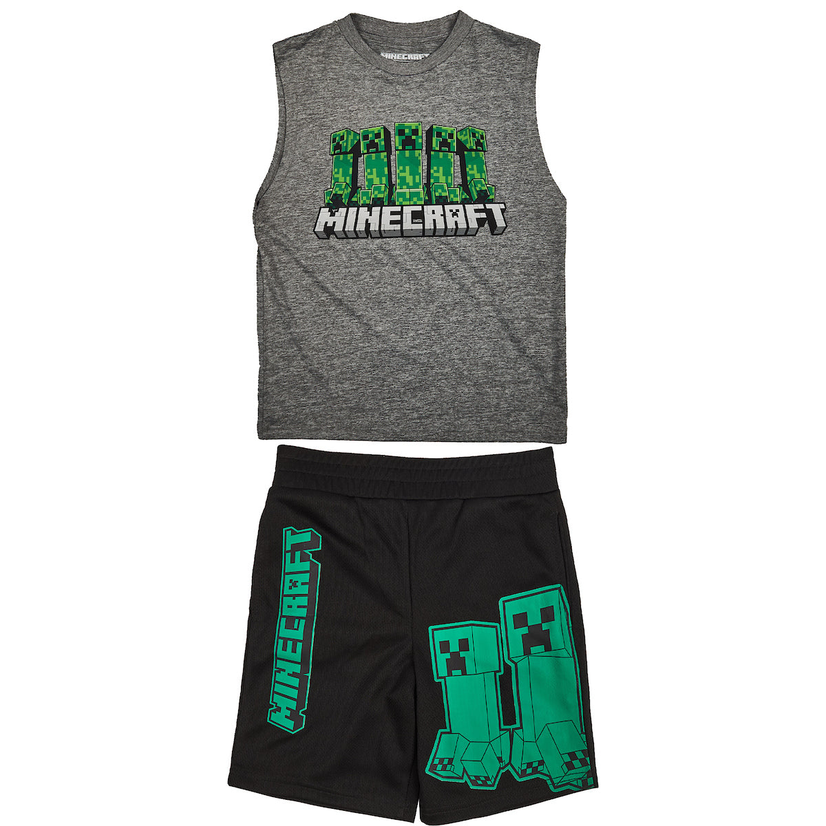 Minecraft 3-Pack Boy's Green Short Sleeve Tee, Gray Muscle Tank, Black Athletic Shorts Set