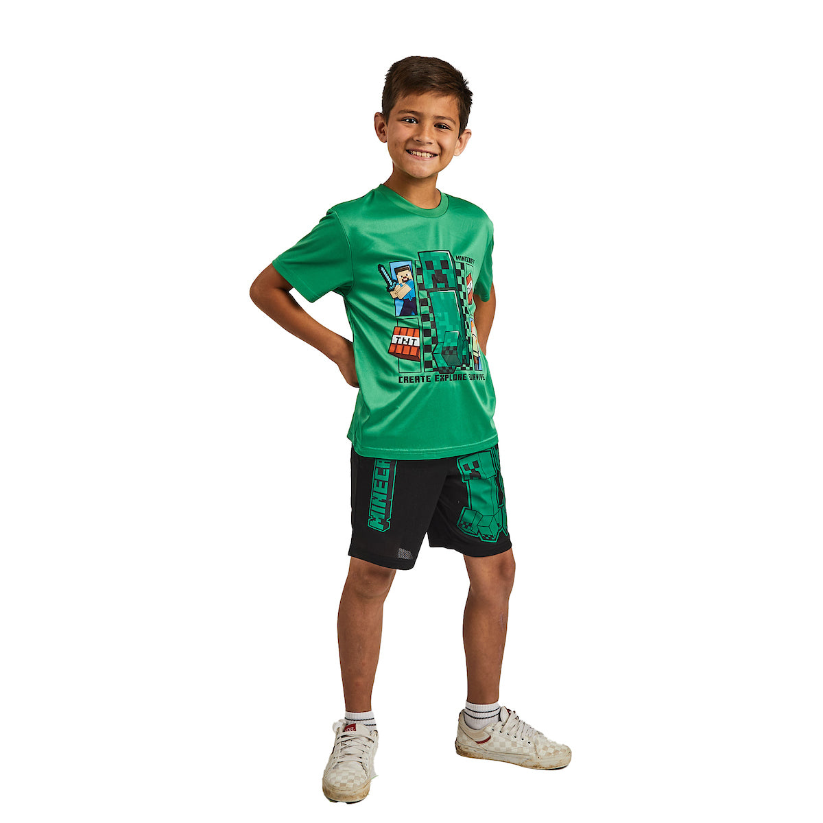 Minecraft 3-Pack Boy's Green Short Sleeve Tee, Gray Muscle Tank, Black Athletic Shorts Set
