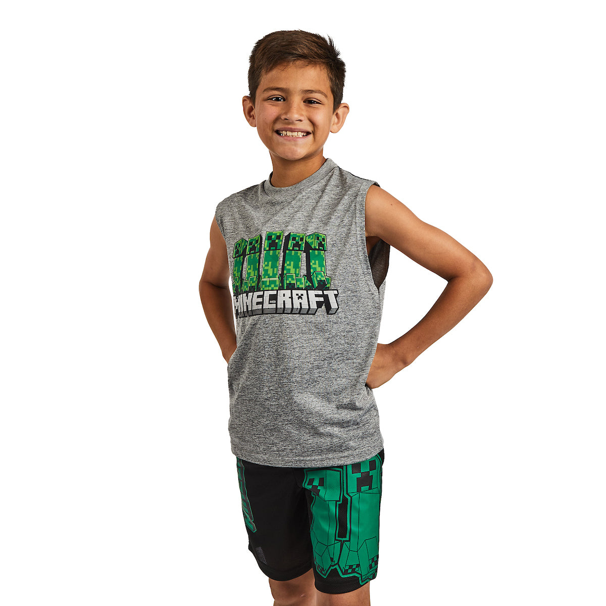 Minecraft 3-Pack Boy's Green Short Sleeve Tee, Gray Muscle Tank, Black Athletic Shorts Set