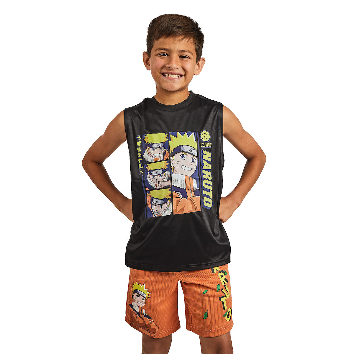 Naruto 3-Pack Boy's Blue Short Sleeve Tee, Black Muscle Tank, Orange Athletic Shorts Set