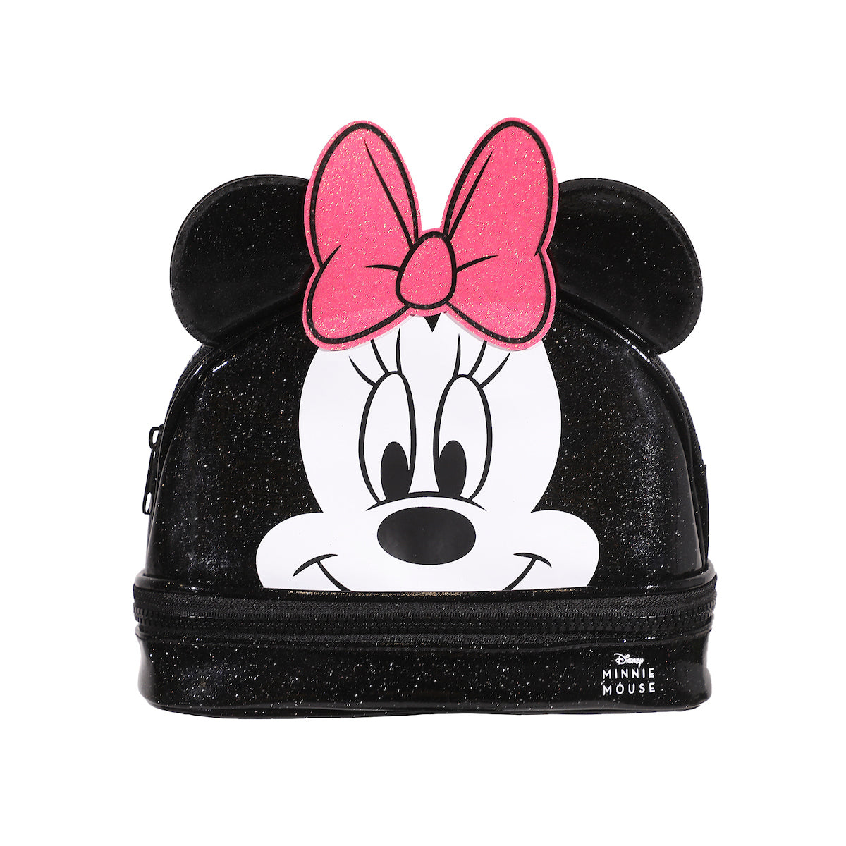 Disney Minnie Mouse Character Face Black Glitter 6" Cosmetic Pouch With 3D Ears