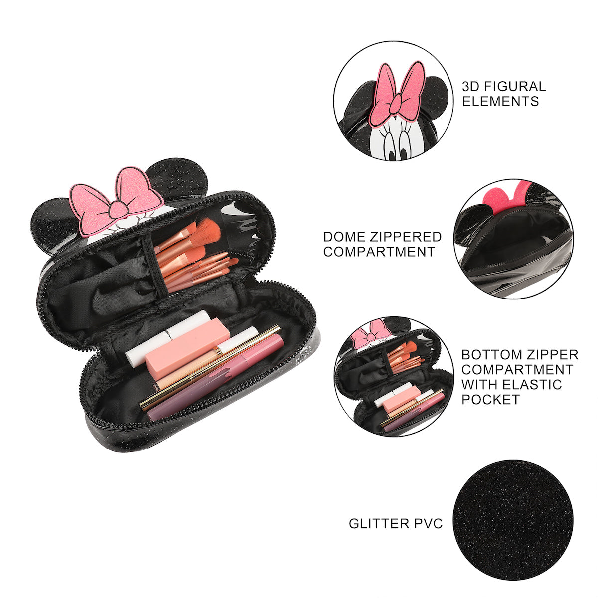 Disney Minnie Mouse Character Face Black Glitter 6" Cosmetic Pouch With 3D Ears
