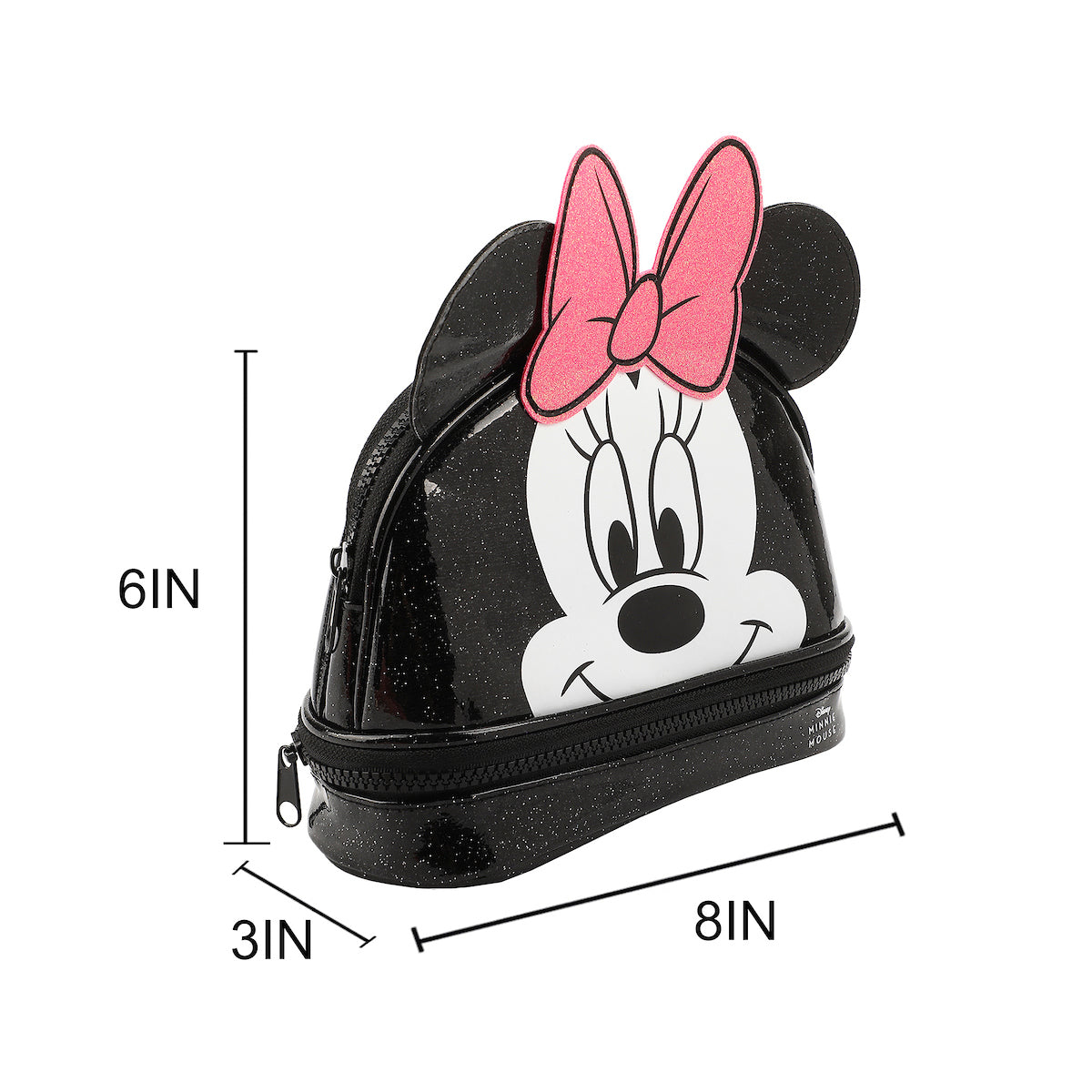 Disney Minnie Mouse Character Face Black Glitter 6" Cosmetic Pouch With 3D Ears