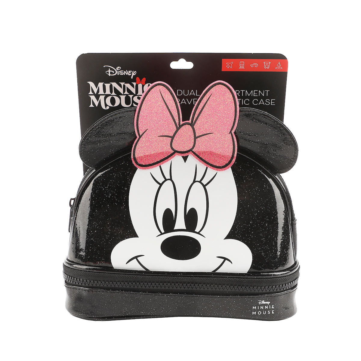 Disney Minnie Mouse Character Face Black Glitter 6" Cosmetic Pouch With 3D Ears