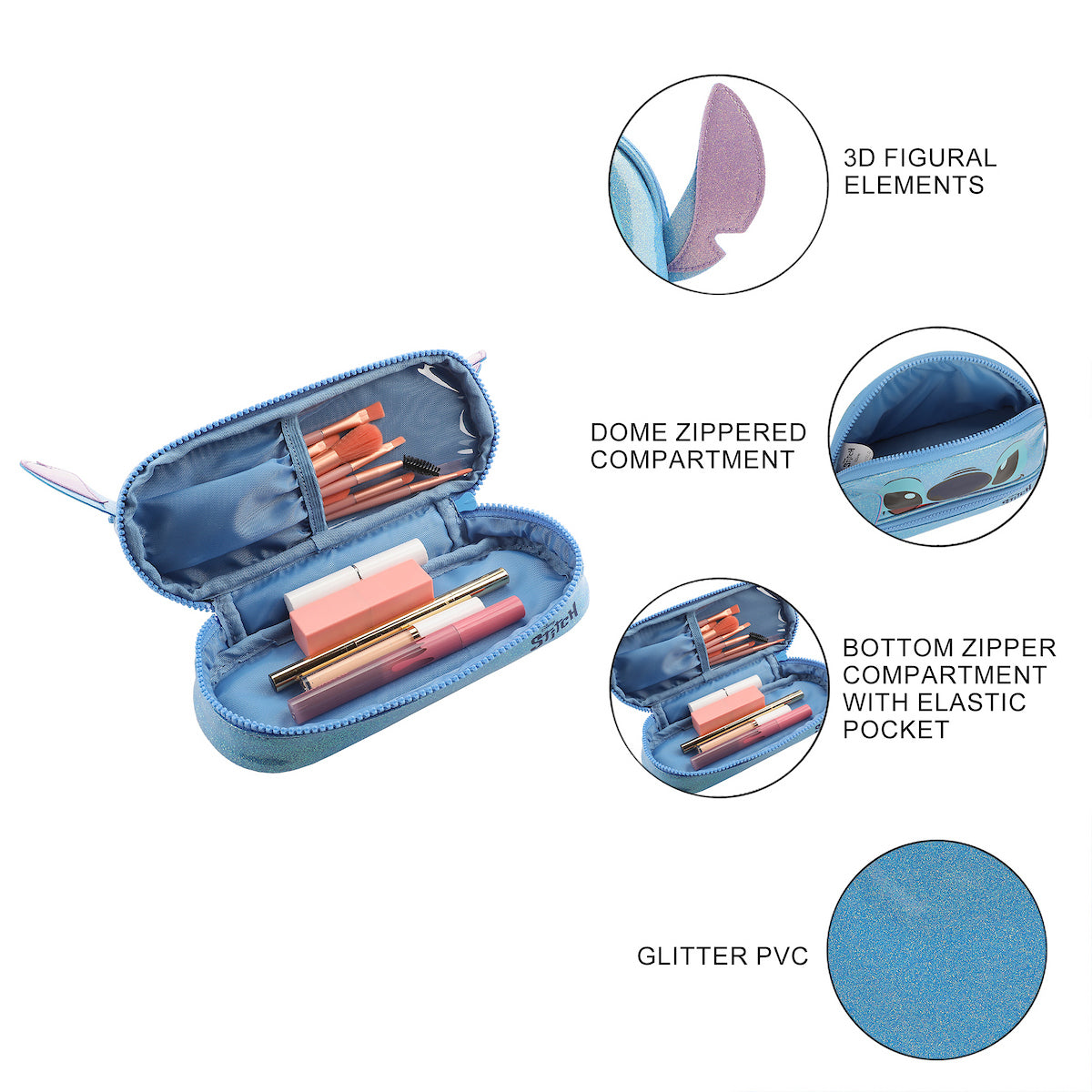 Lilo & Stitch Stitch Head Blue Glitter 6" Cosmetic Pouch