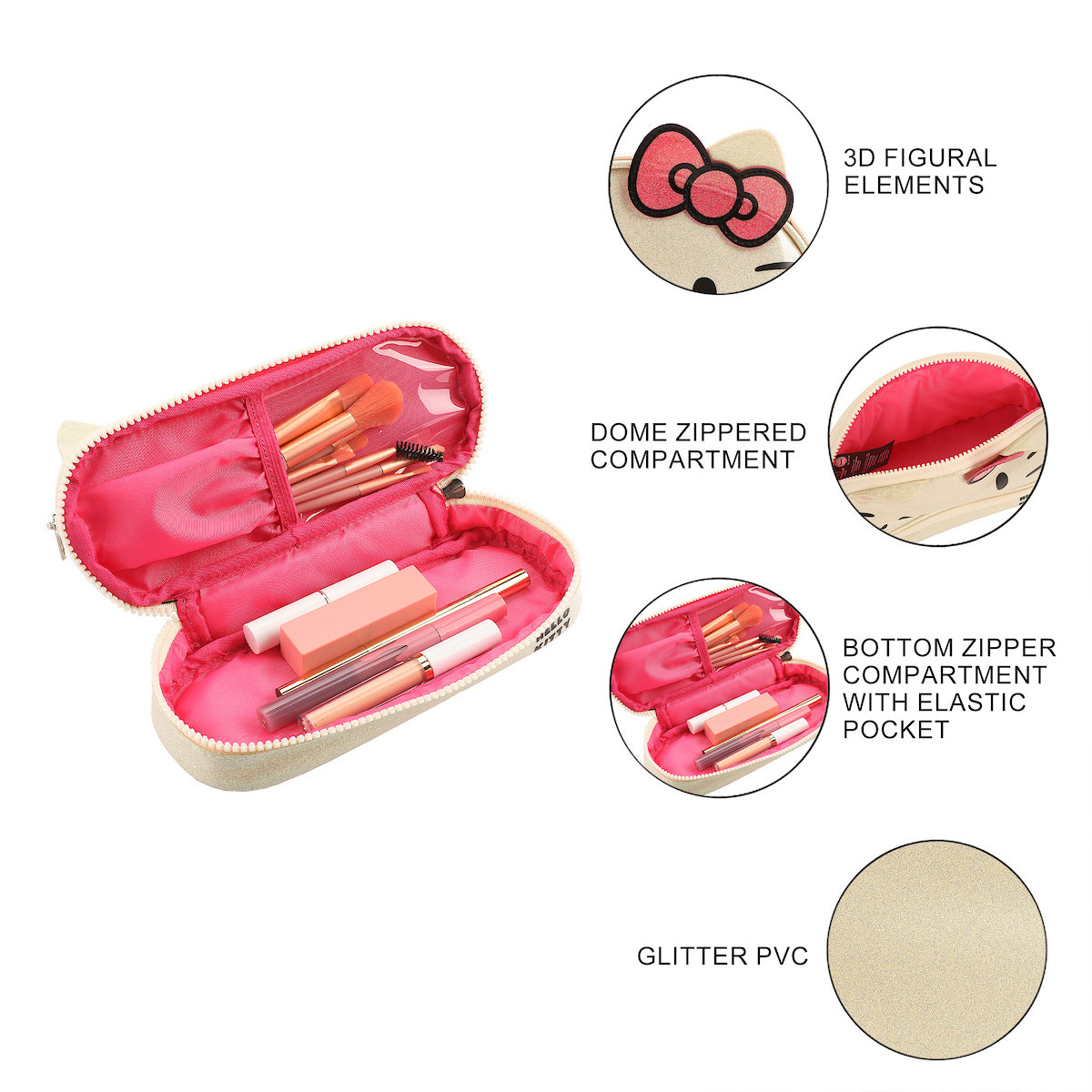 Hello Kitty Character Face White Glitter 6" Cosmetic Pouch