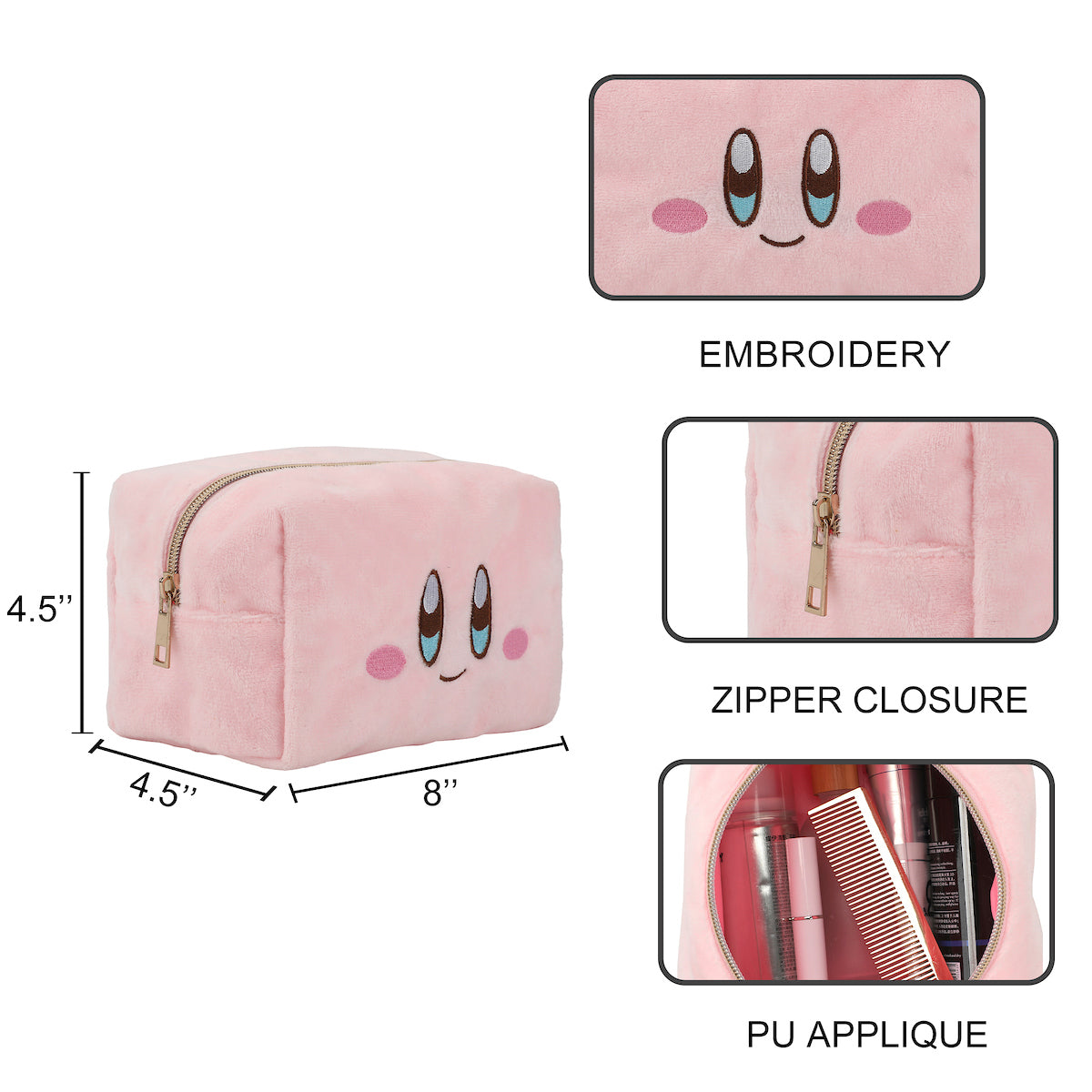 Kirby Face 8 Pink Plush Cosmetic Bag