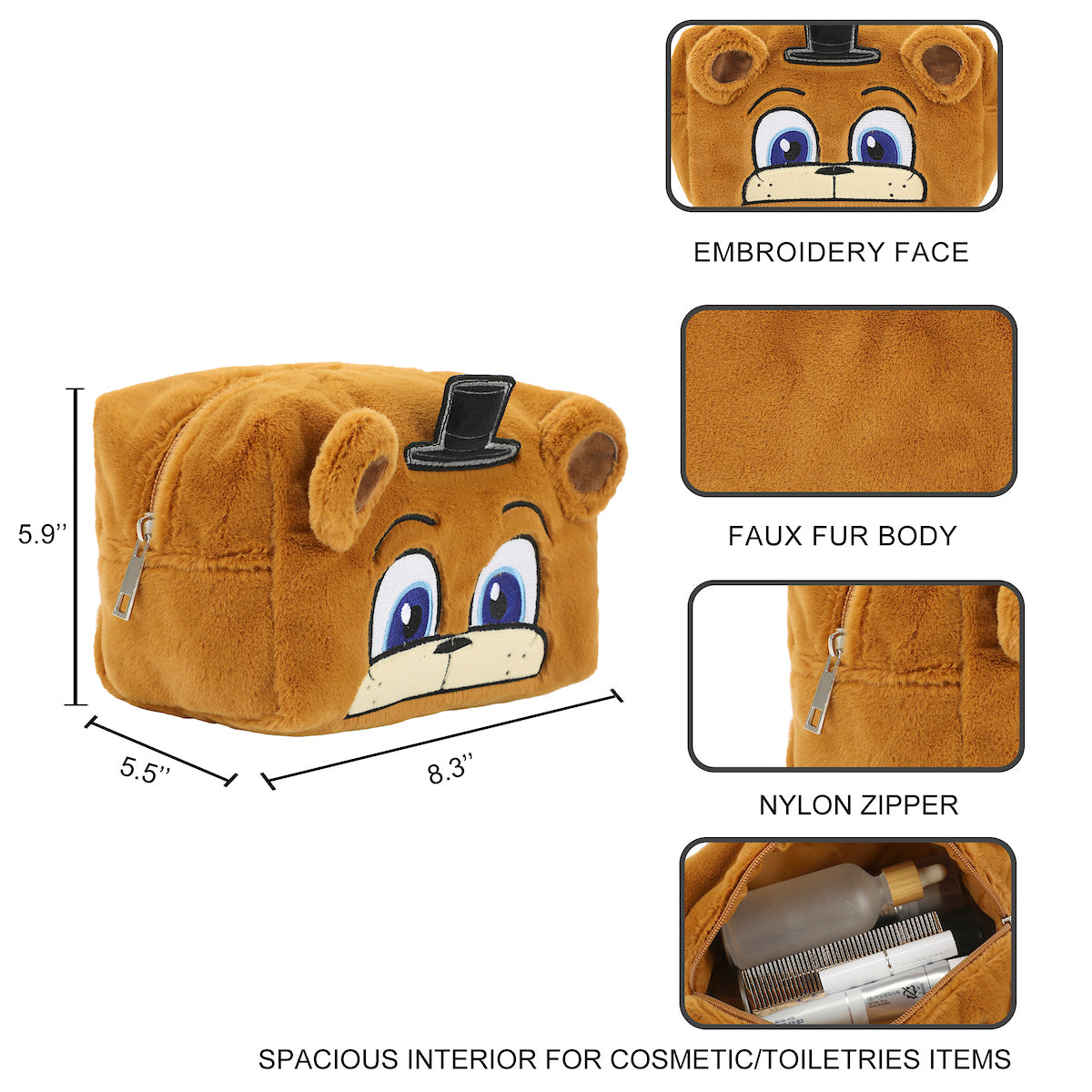 Five Nights At Freddy's Freddy 8" Brown Faux Fur Cosmetic Bag