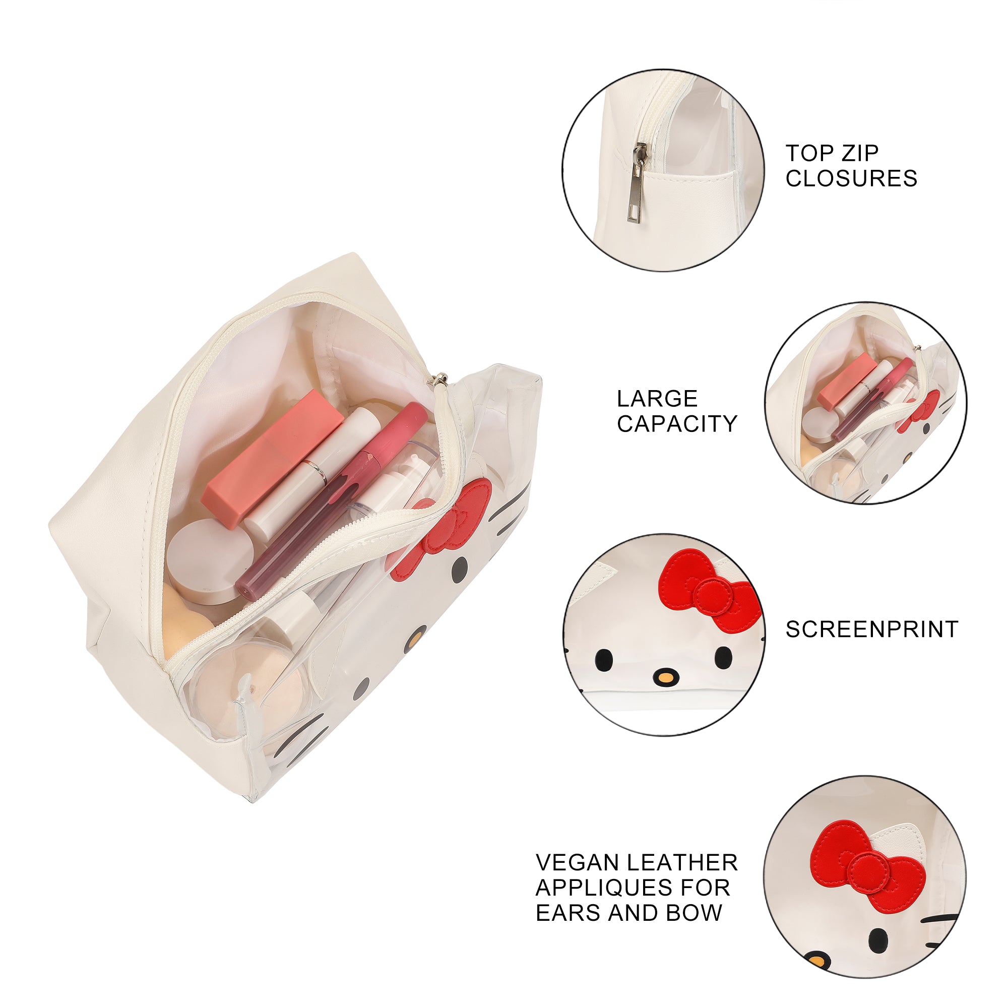 Sanrio Hello Kitty Face Cosmetic Bag with 3D Bow and Zipper Closure