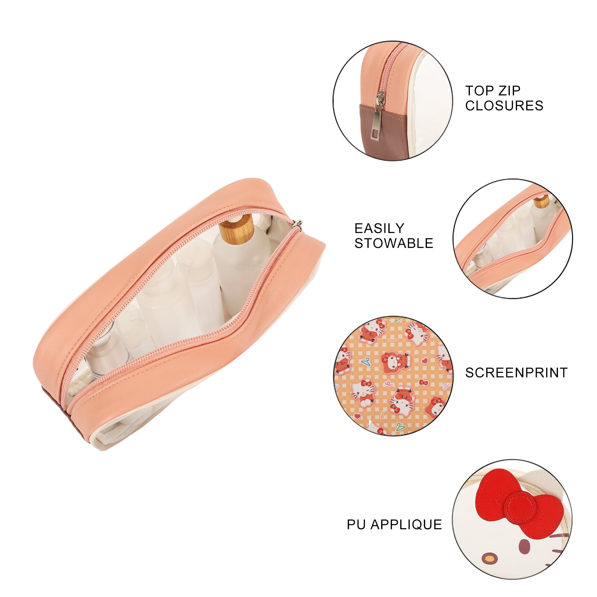 Sanrio Hello Kitty 3-Piece Cosmetic Bag Set with Pattern Print and Zipper Closure