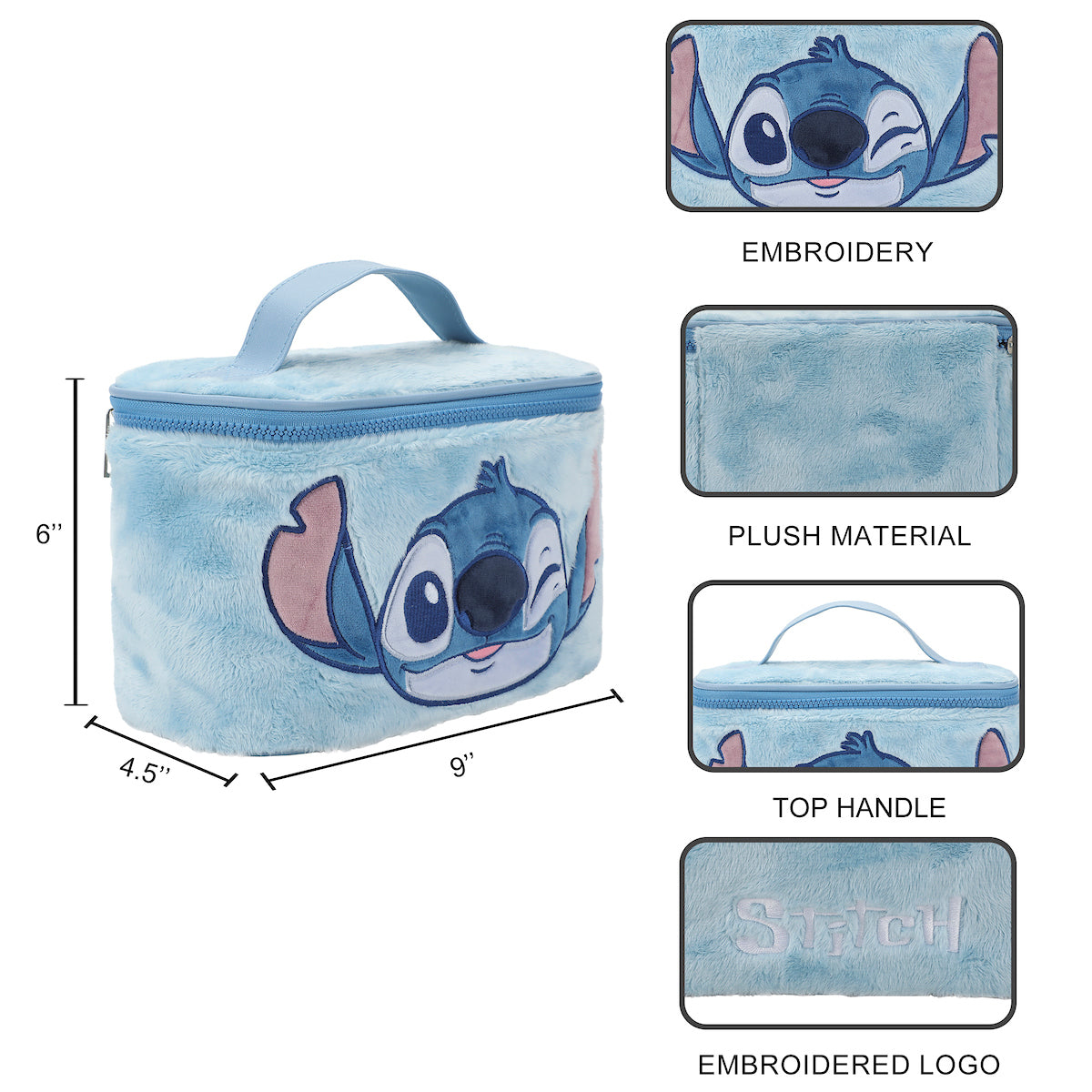 Disney Stitch Embroidered Face Blue 6" Beauty Case