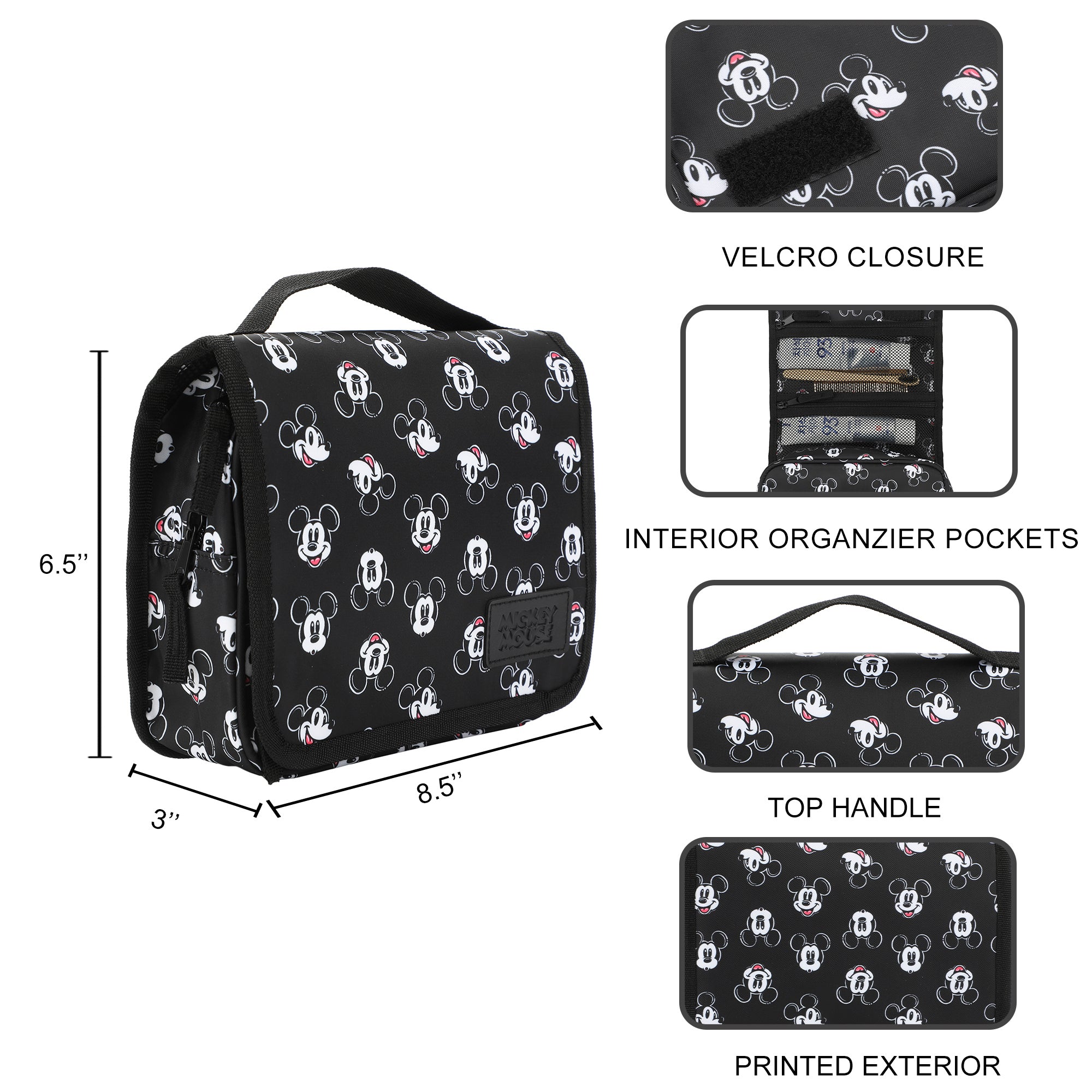Disney Mickey Mouse Heads 6.5" Black Folding Hanging Toiletry Travel Bag