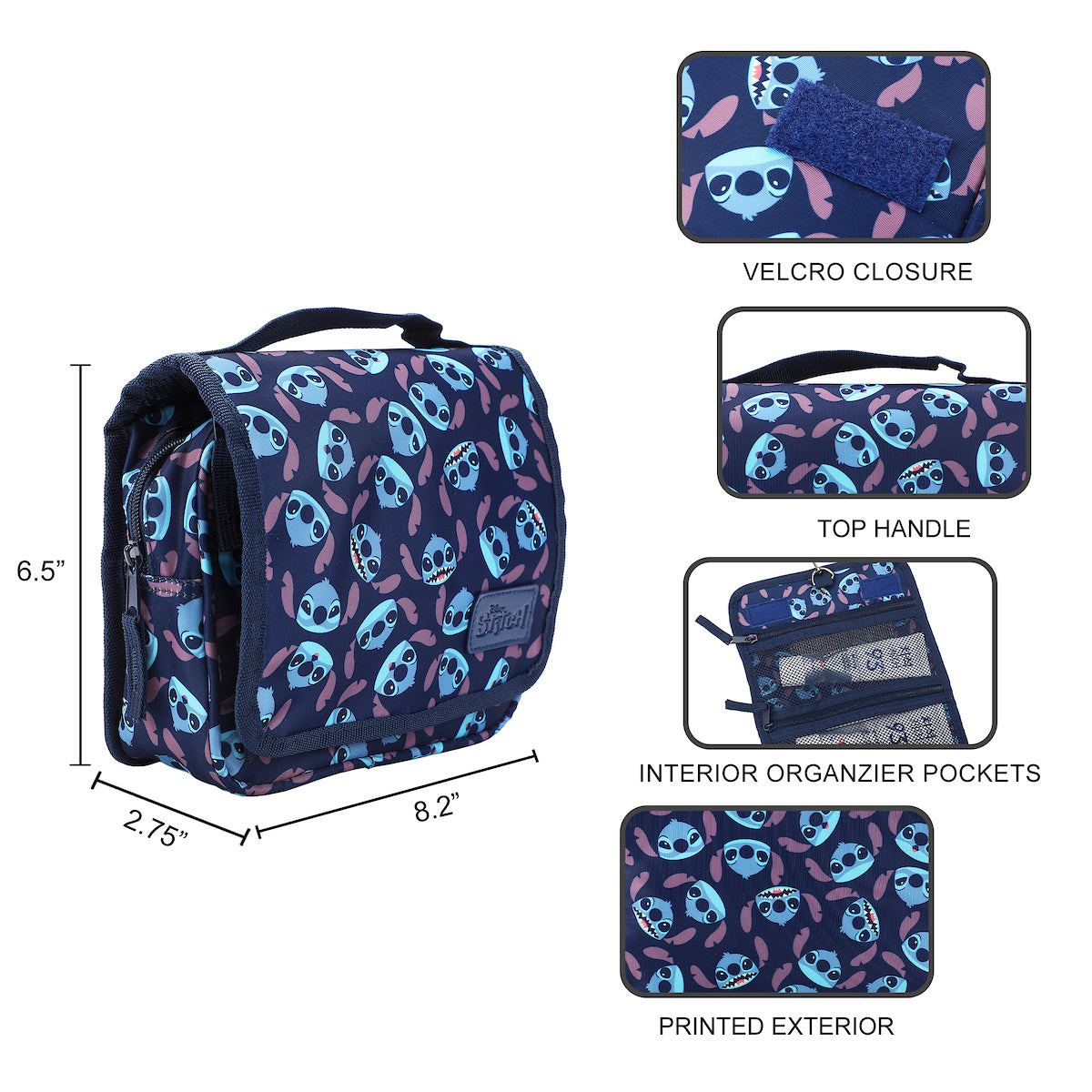 Disney Stitch Character Heads All-Over Print Blue 8.2" Folding Hanging Toiletry Kit